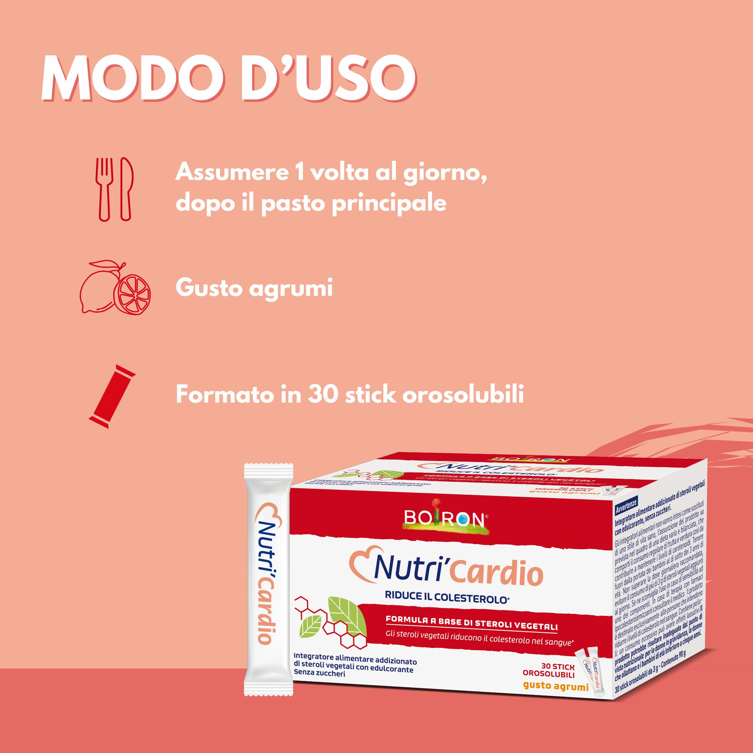 Nutri'Cardio - Integratore Alimentare con Steroli Vegetali o Fitosteroli che Riducono il Colesterolo nel Sangue, Gusto Agrumi, Senza Zuccheri, Senza Lattosio, Senza Glutine - 30 Stick orosolubili