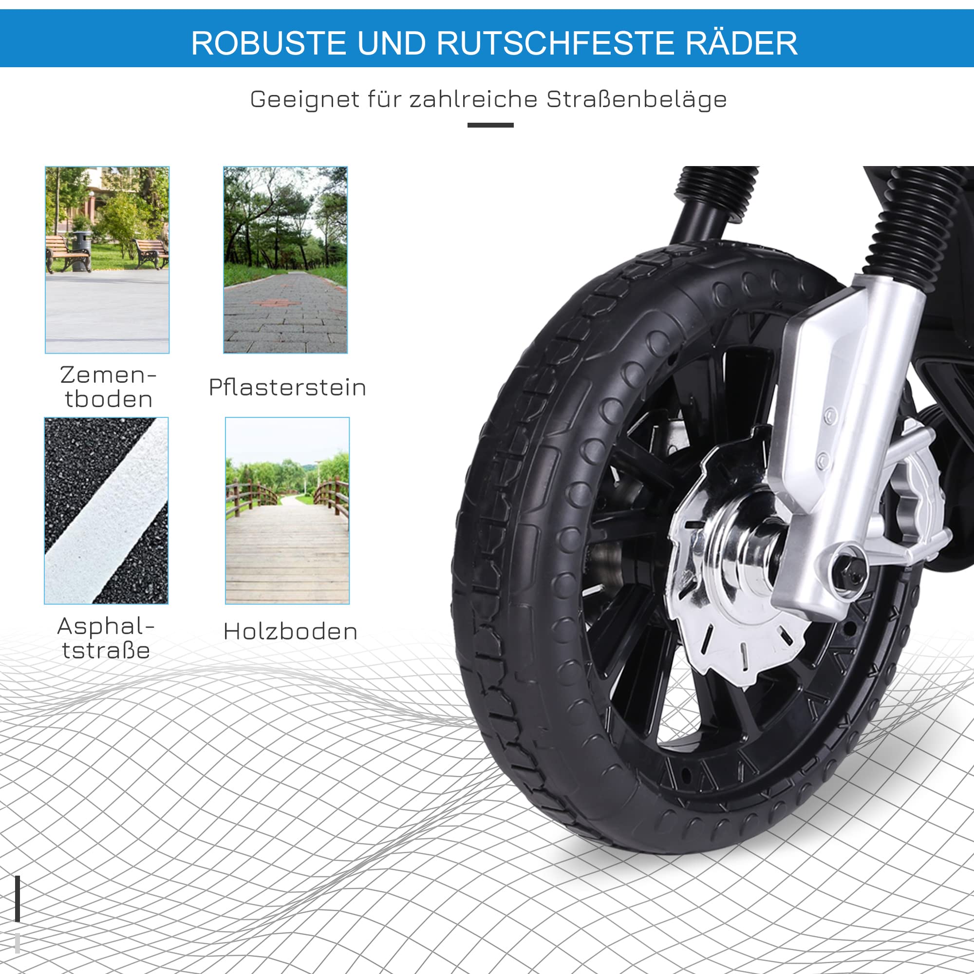 HOMCOM Kindermotorrad Kinder-Elektromotorrad Elektro-Motorrad für Kinder 3-6 Jahren Licht Musik MP3 Elektrofahrzeug mit Stützrädern maximal 3 km/h Metall + Kunststoff Blau 105 x 52,3 x 62,3 cm