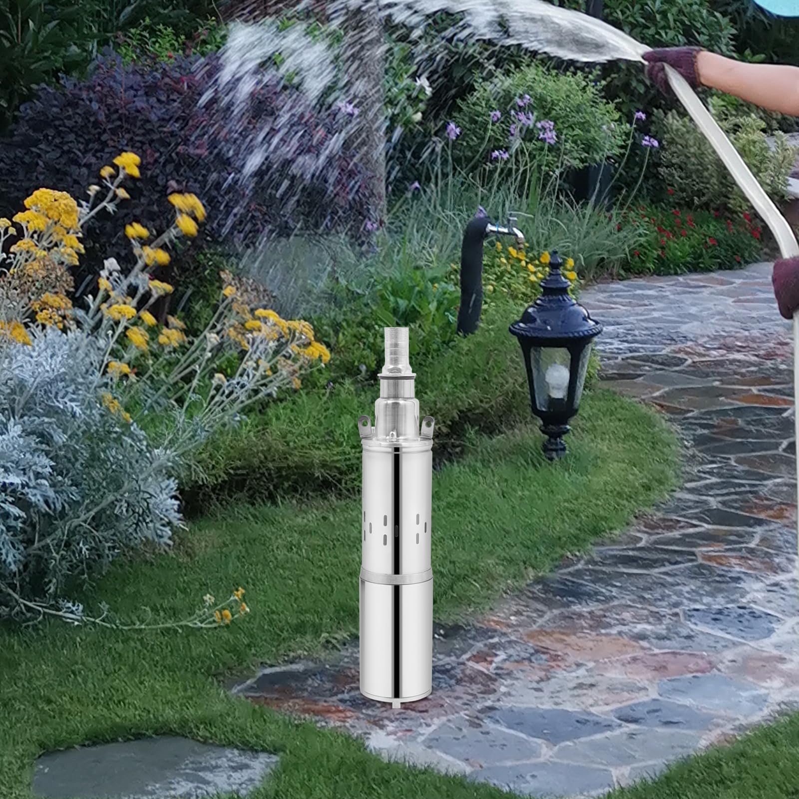 Pompa dell'acqua solare da 200 W, pompa sommergibile in acciaio inox, portata massima 1,5 m³/H, profondità di immersione 17 m, per l'irrigazione agricola, il giardino, argento 7,8 x 38,5 cm