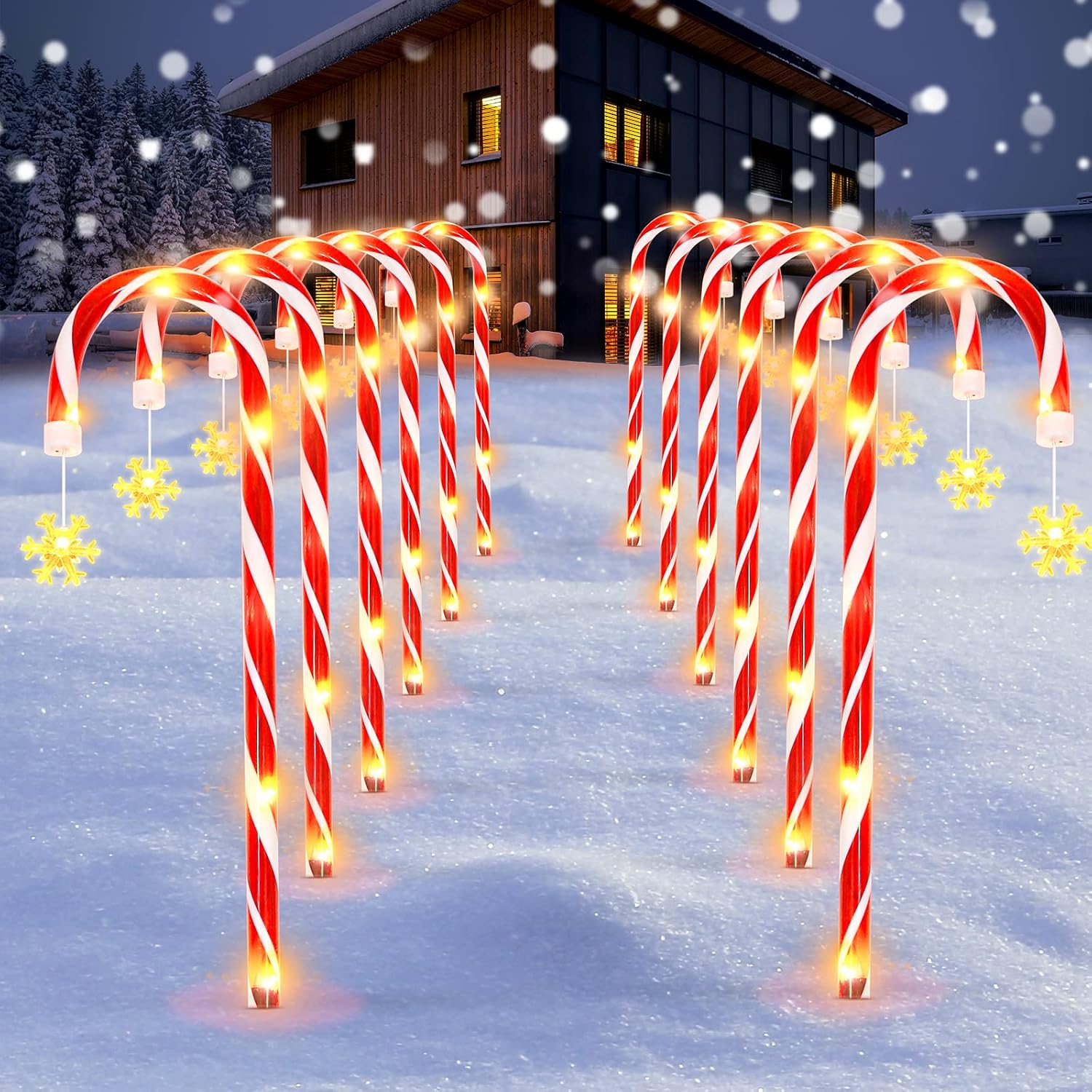 12PK 21" Candy Cane Lights Outdoor Pathway Lights, 46ft Christmas Candy Cane Lights with Snowflake, 84 Warm LED for Christmas Decorations