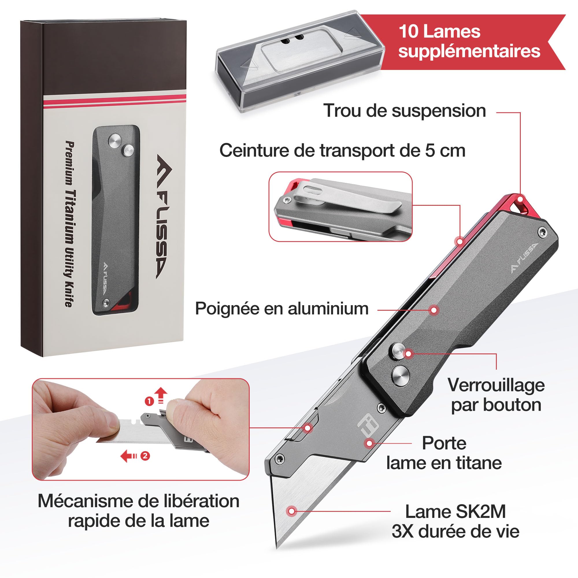 FLISSA Cutter Professionnel en Titane, Cutter Pliable avec 10 Lames, Léger