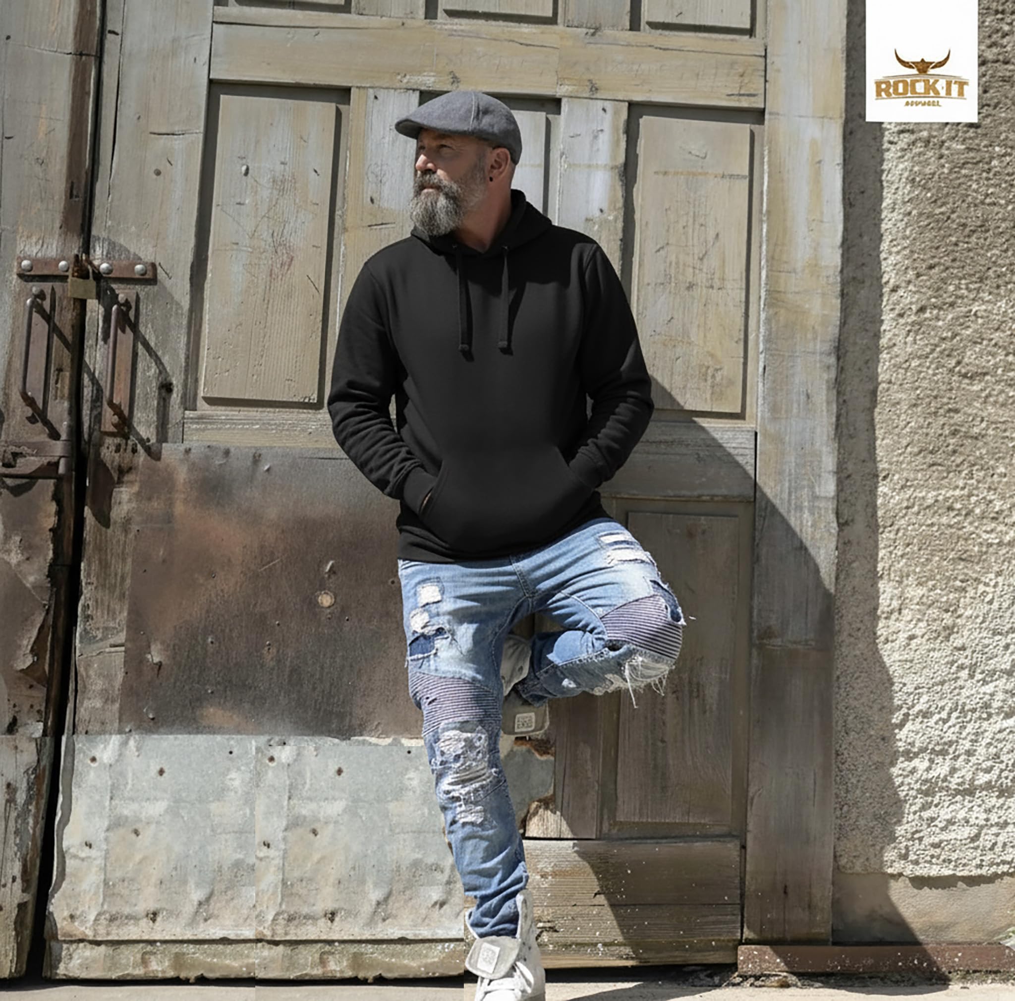 ROCK-IT Apparel Bluza z kapturem dla mężczyzn z kieszeniami bocznymi, ciężki i miękki materiał – z kapturem i kieszenią typu kangurka [rozmiary S-5XL] Hoodie czarna