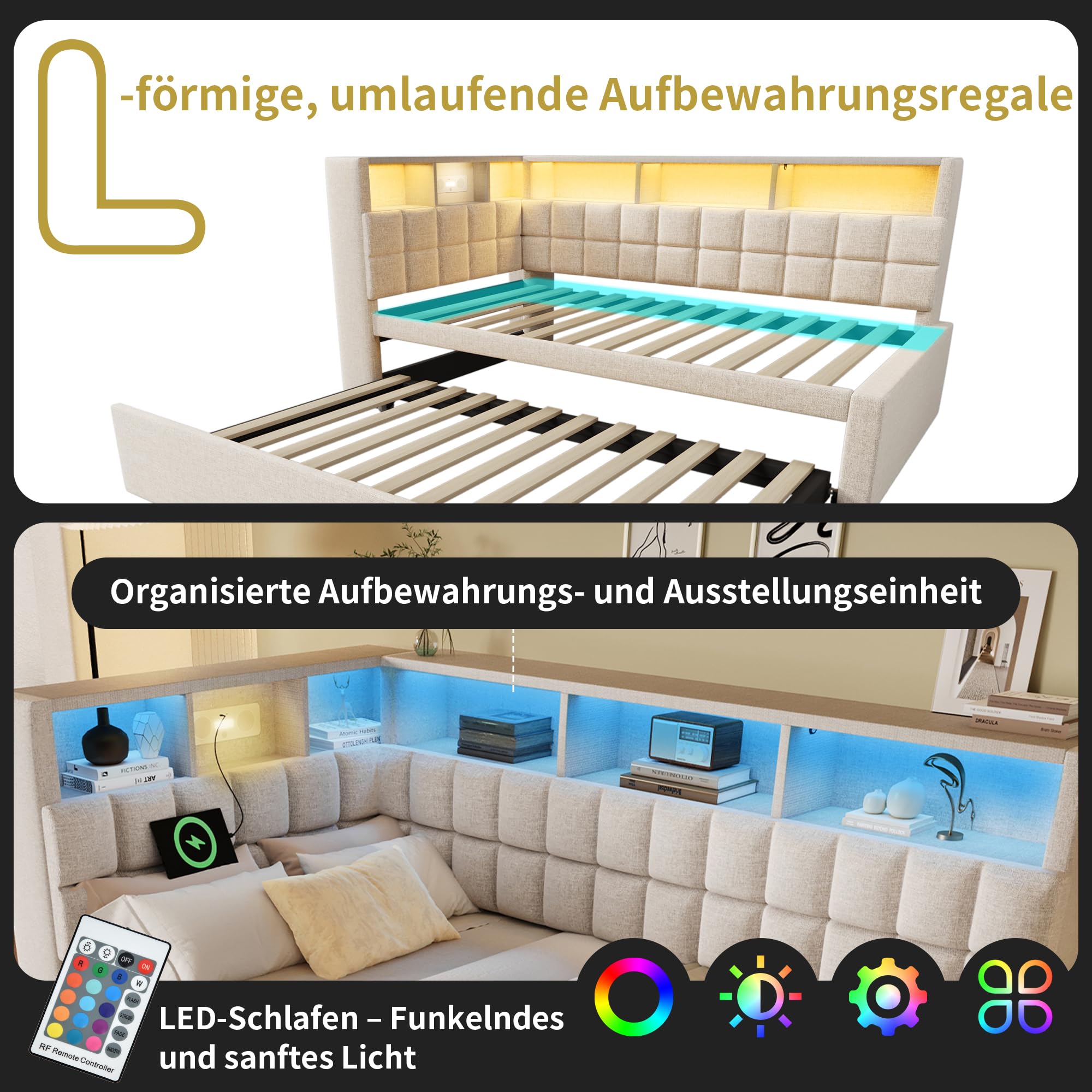 Cama tapizada de 90 x 200 cm, cama de día con cama nido, sofá cama con LED y puerto de carga USB y tipo C, altavoz Bluetooth, cabecero en L con estante de almacenamiento, lino, sin colchón