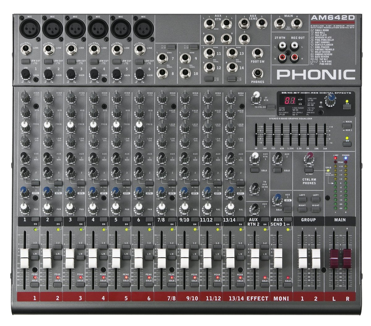 Phonic AM642D 6 Mic/Line 4 Stereo 2 Group 9-Band GEQ 100+ Tap EFX