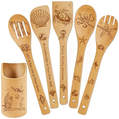 6 PCS Ocean Bamboo Cooking Spoon Set with Utensil Holder,Coastal