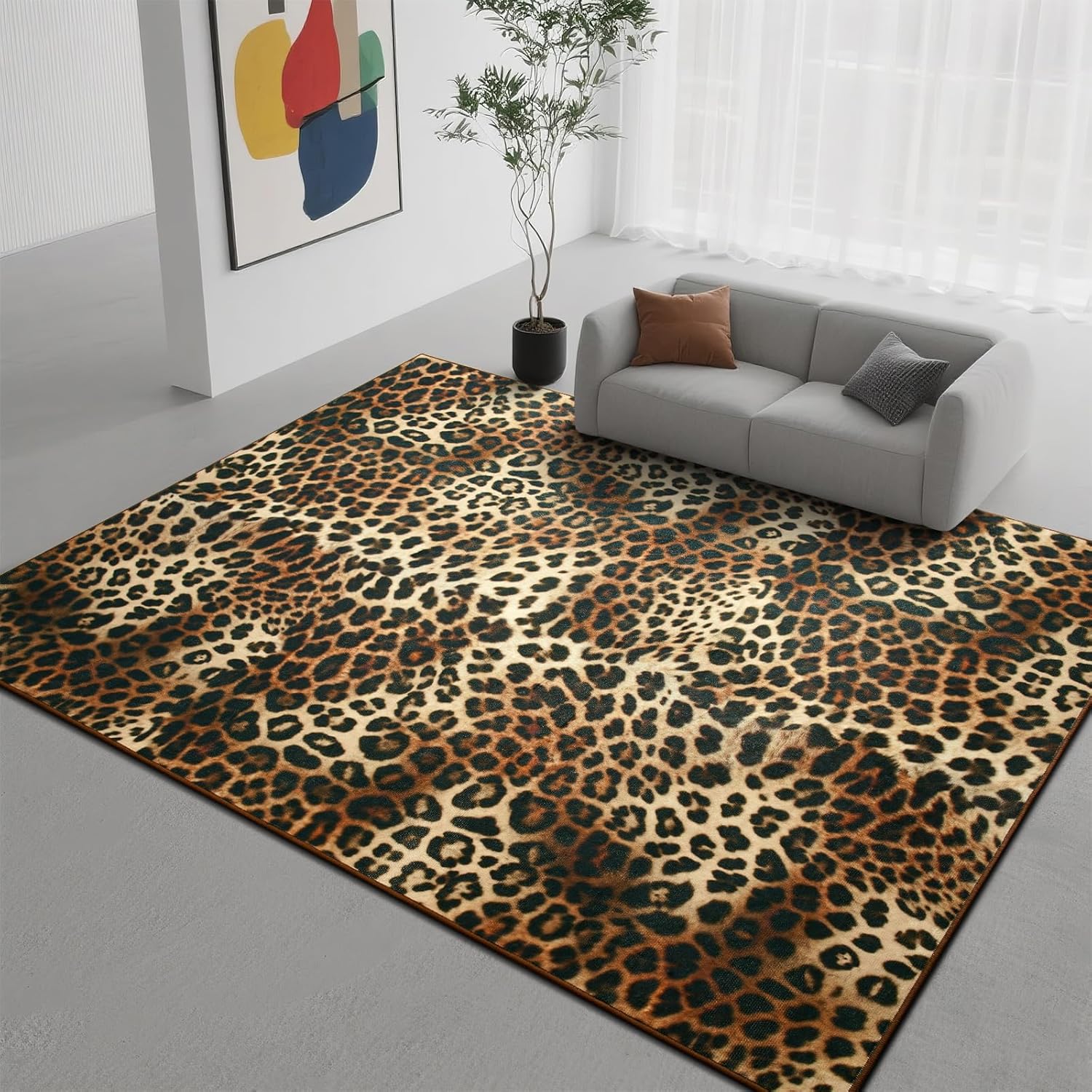 DweIke Leopard Rugs for Living Room, 5x7 Cheetah Print Rug for Bedroom Decor, Washable Non-Slip Stain Resistant Faux Animal Throw Carpet for Dining Room Office Western Home, Dark Brown