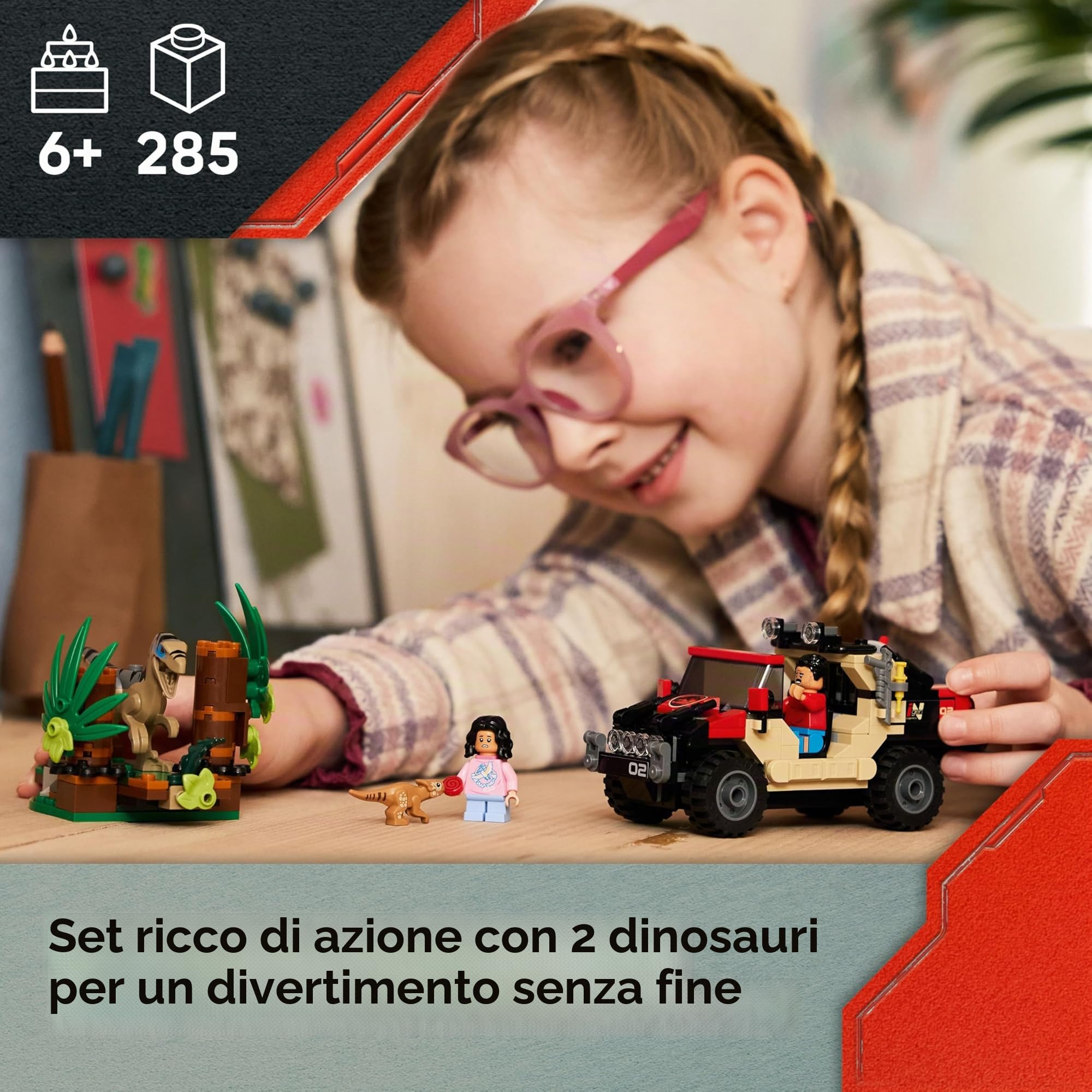 Lego Jurassic World Raptor: inseguimento con il fuoristrada – 76972 Lego Raptor con sacchetto regalo, Jurassic Set dinosauri dai 7 anni in su