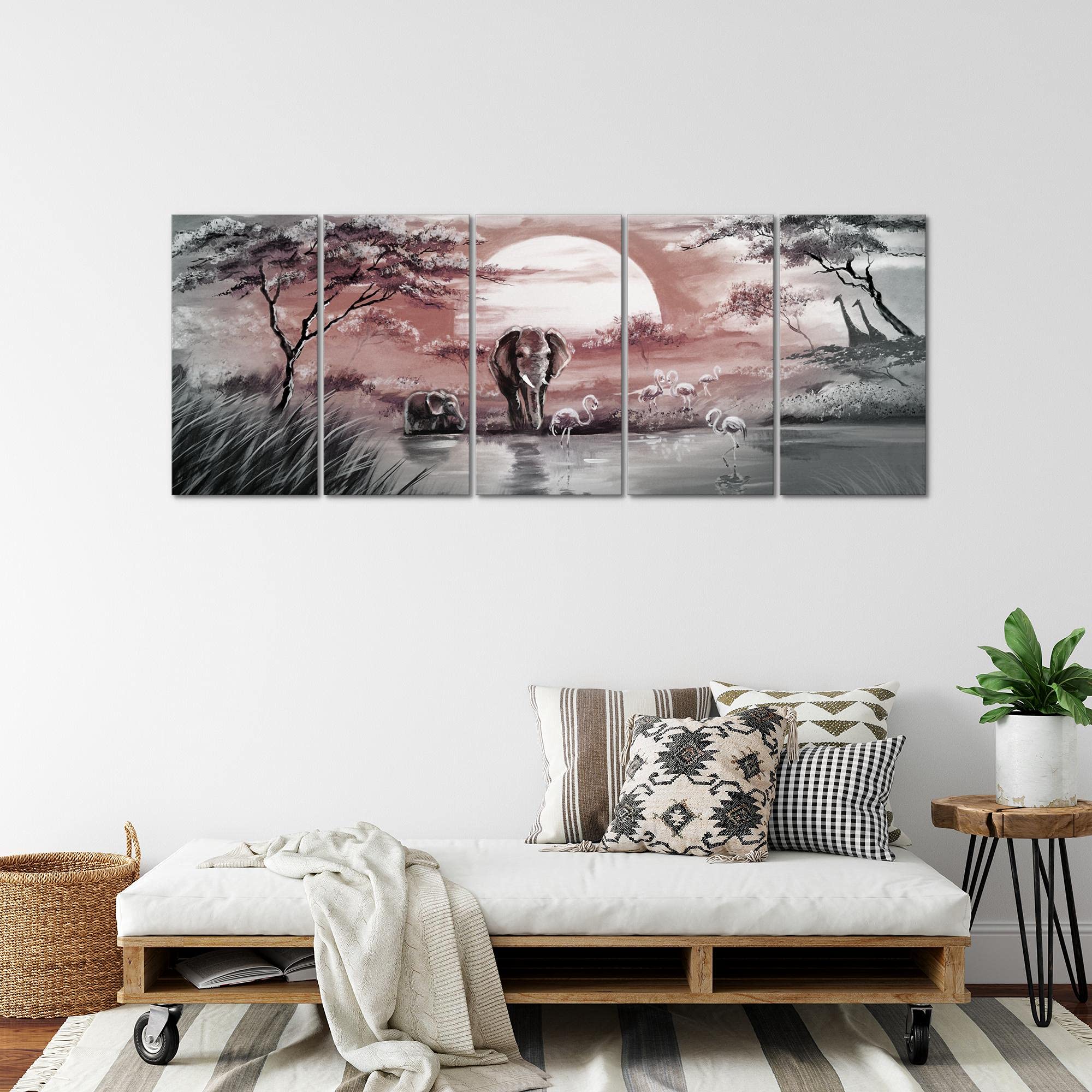 Runa Art Murali XXL Africa Elefante 200 x 80 cm Rosa Grigio 5 Pezzi - Made in Germany - 001155c