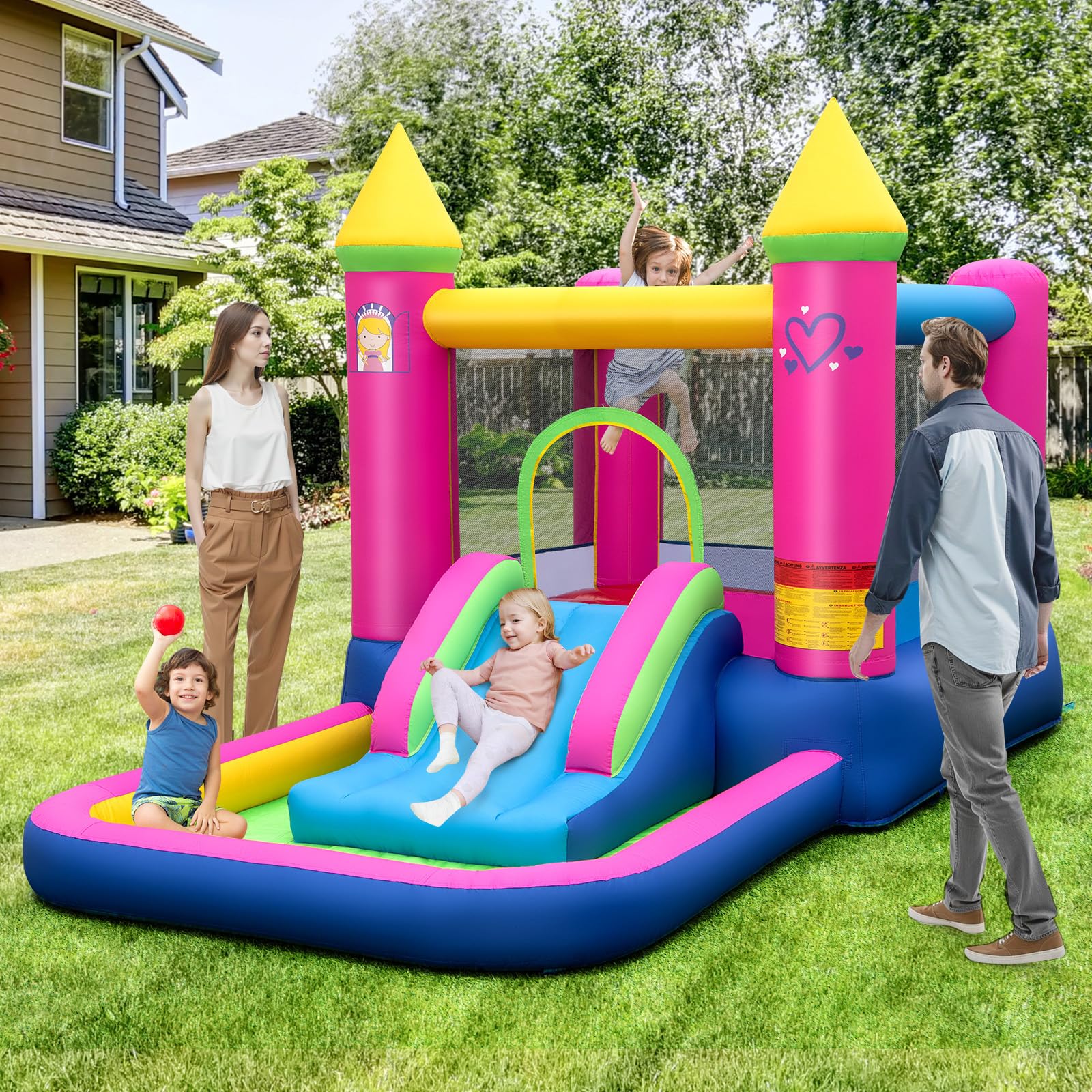 GYMAX Castello Gonfiabile per Bambini, Carino Castello della Principessa con Scivolo, Pozzetto di Palline, Canestro da Basket, Borsa da Trasporto, Gonfiabile per Interni/Esterni senza Ventilatore