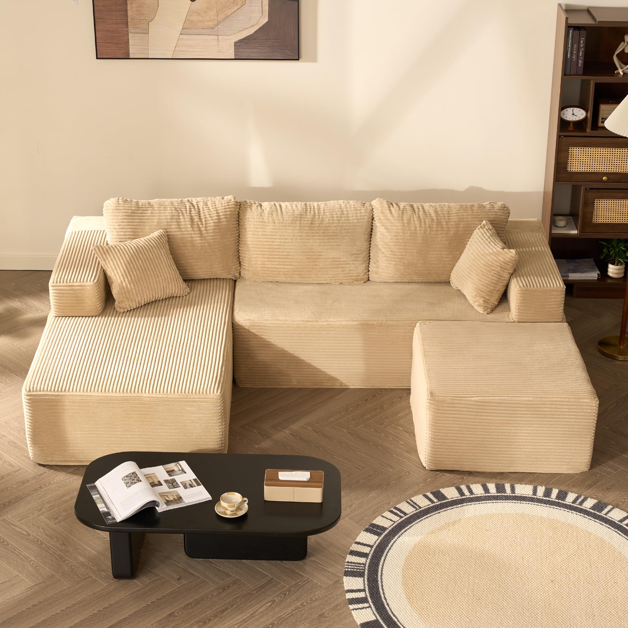 272 cm U-Shaped Modular Sectional Sofa with Movable Ottoman, Set of Deep Seat Boneless Couch with Left Chaise Lounge, Sofa Bed for Living Room Bedroom – No Assembly Required, Camel