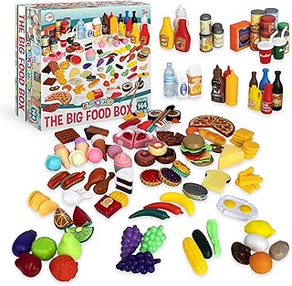 Playkidiz Pretend Play Deluxe Food Set, 144 Piece Plastic Kitchen Set Foods, Used for Grocery Shopping, Cutting, Cooking, Serving and Playing.