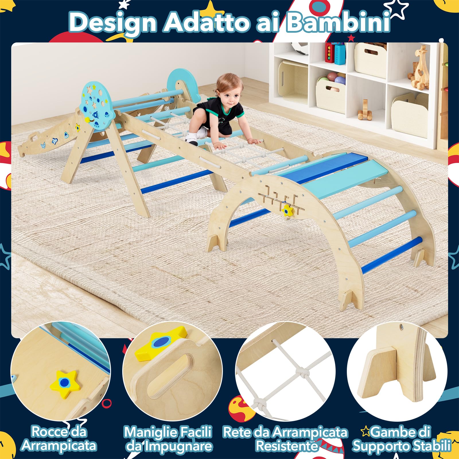 RELAX4LIFE Set da Arrampicata per Bambini, Triangolo di Arrampicata con Scivolo e Arco, Gioco di Incastri in Legno, Gioco Montessori per Bambini 1+ Anni (Astronauta-4 Pezzi | Blu)