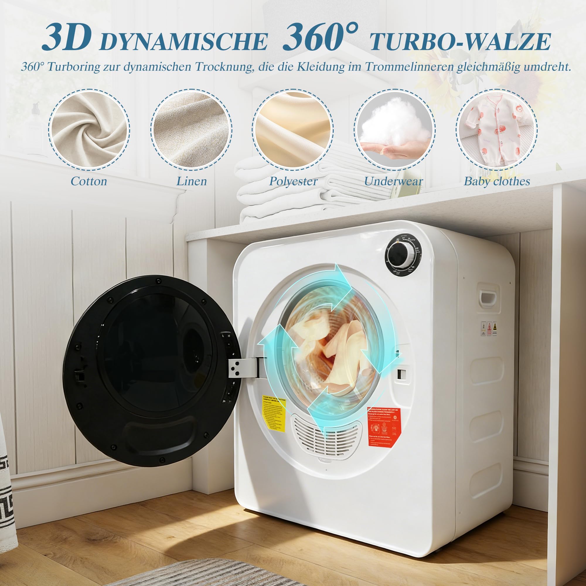 ECLIVON Secadora de Evacuación 4 kg con 4 Programas, Carga Frontal Secadora de Ropa 830 W, Montable en la Pared Secadora de Ropa con Tambor Inox, para Piso, Casa, Mobil Home, 59,5x49,5x41,5 cm, Blanco - 5