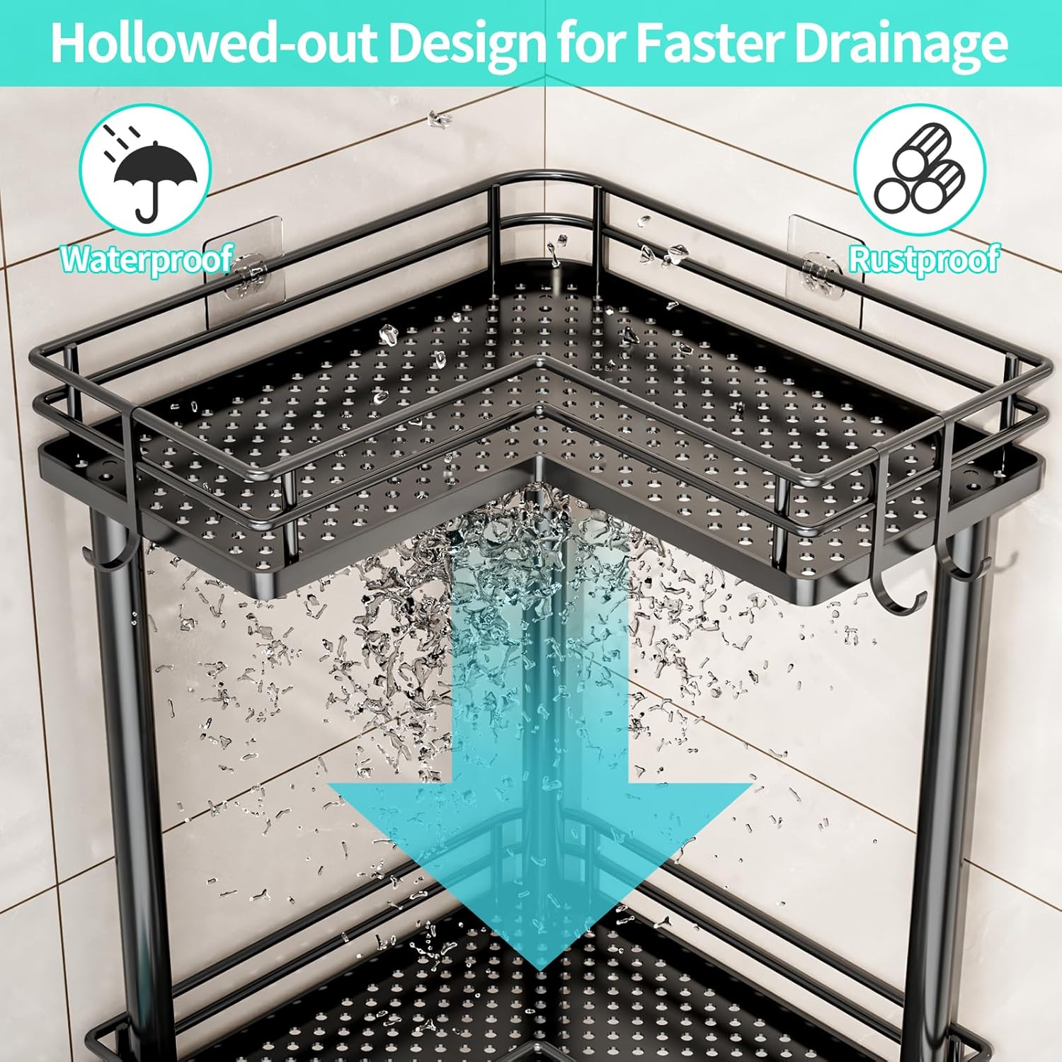 HapiRm Corner Shower Caddy Standing - 3 Tier Shower Organizer Corner with Soap Holder, Rustproof Bathroom Standing Organizer with 4 Hooks, Black