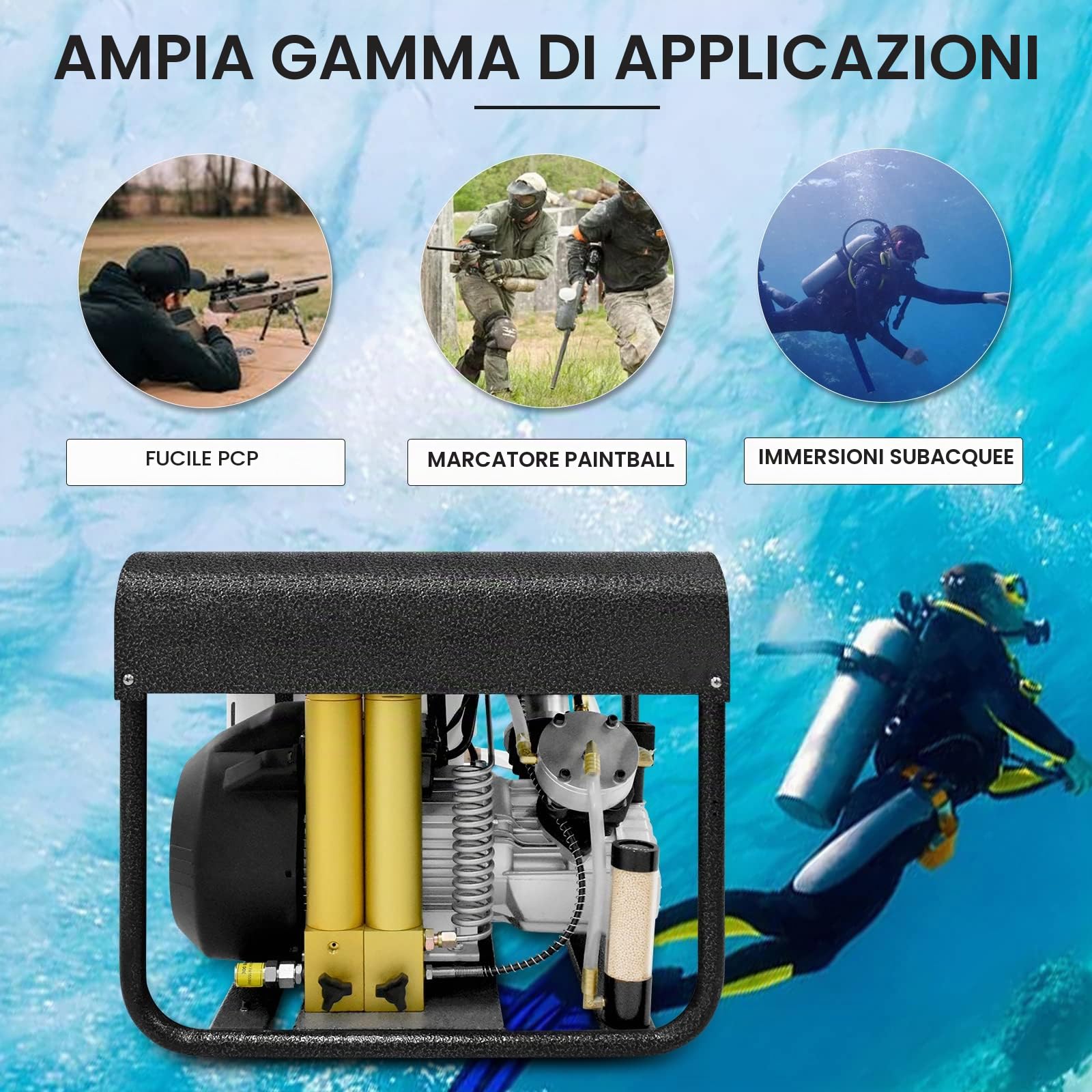 Compressore d'aria TUXING PCP,sistema di raffreddamento ad acqua e ventola integrato,filtro a doppia filtrazione,versione con arresto automatico,per bombole da sub per bombole di paintball (TXEDT032)