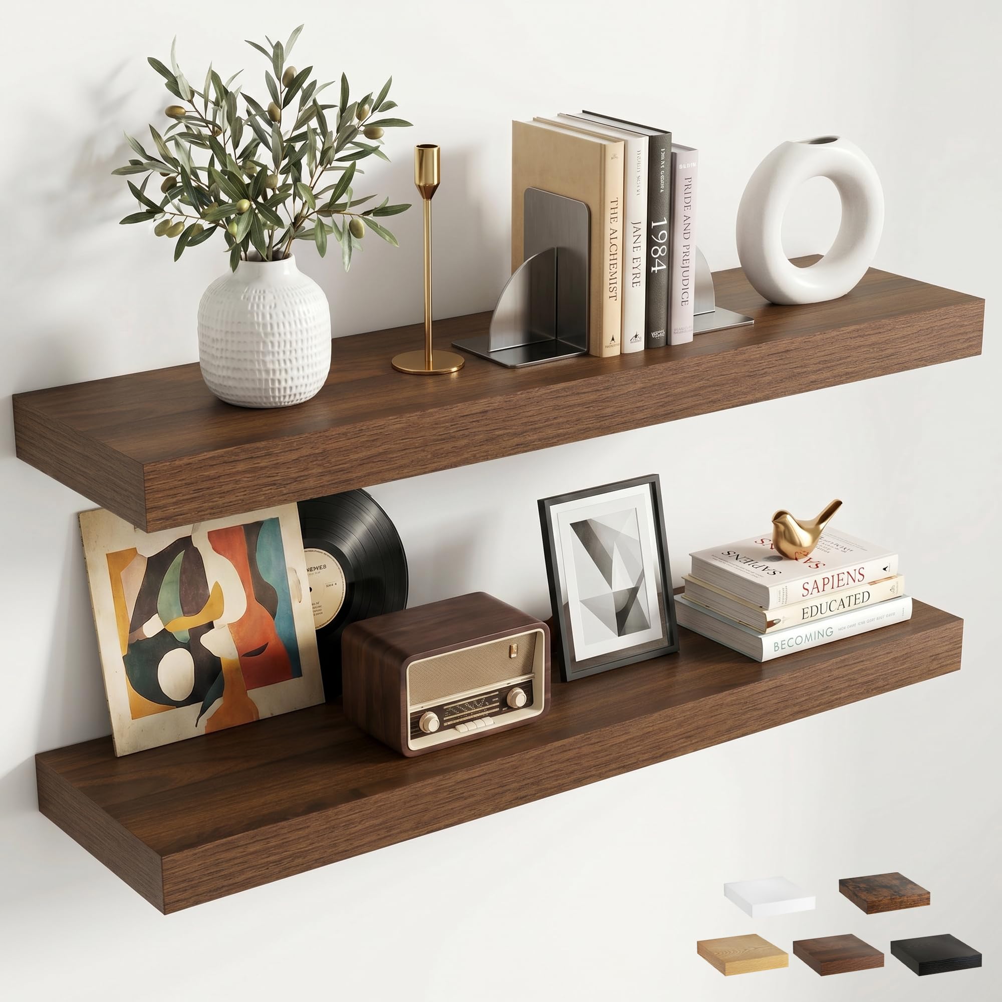 Floating Shelves Pack of 2, 80cm Wall Shelves, Walnut Shelves with Robust Iron Assembly, Extra-Deep 19.5cm Floating Shelf for Kitchen, Bedroom, Living Room, Bathroom, Nursery Organizer, Wall Décor