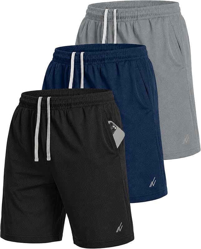 Multipack de pantalones cortos deportivos de malla transpirable para hombre Pantalones cortos holgados para correr y gimnasio | Ropa deportiva de secado rápido, pantalones cortos de punto, bolsillos, entrepierna de 8 pulgadas, cintura elástica con cordón