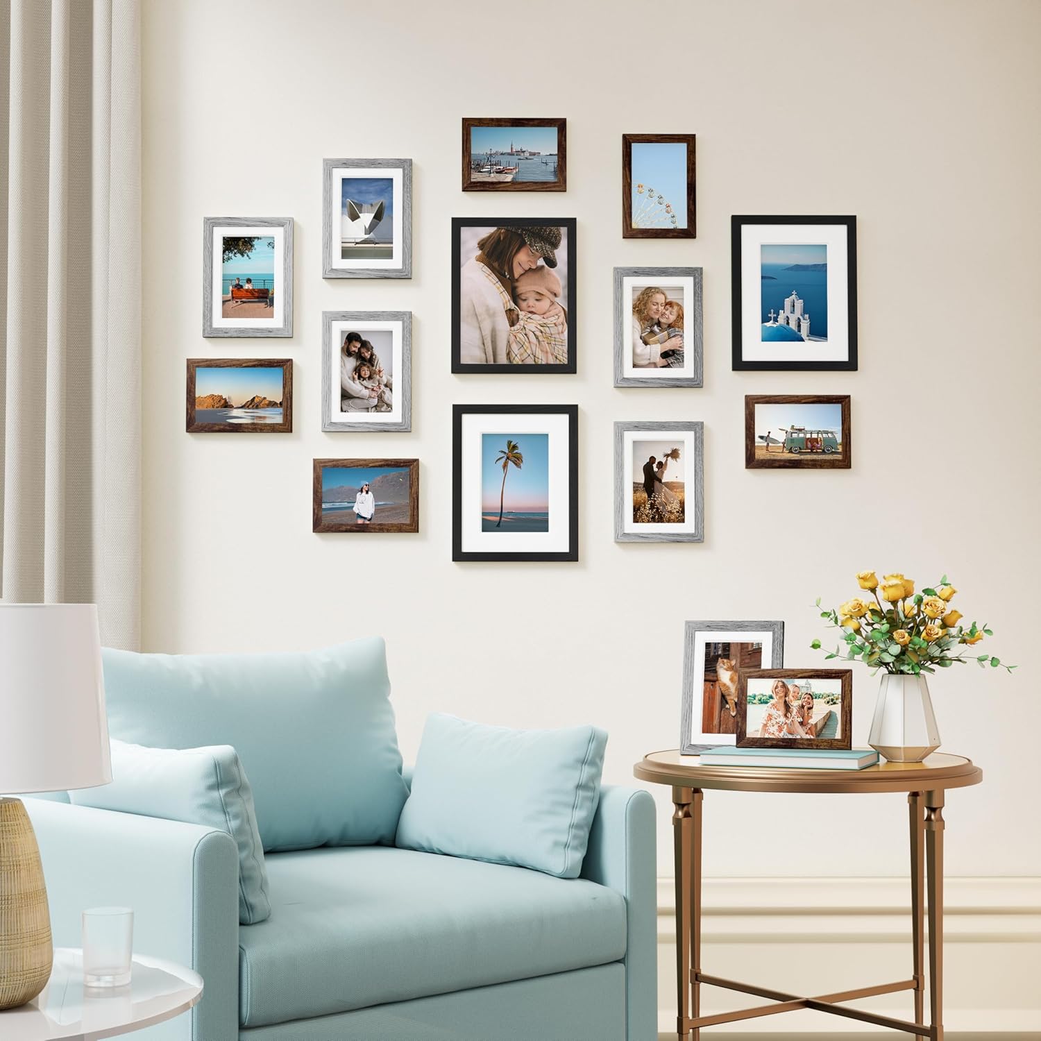 Vittanly 15 Pack Picture Frames Collage Wall Decor for Mounting or Tabletop Display, Gallery Frame Set for Family, Multi Sizes Including 3pcs 8x10, 6pcs 5x7, 6pcs 4x6, Black, Brown and Grey - Image 4