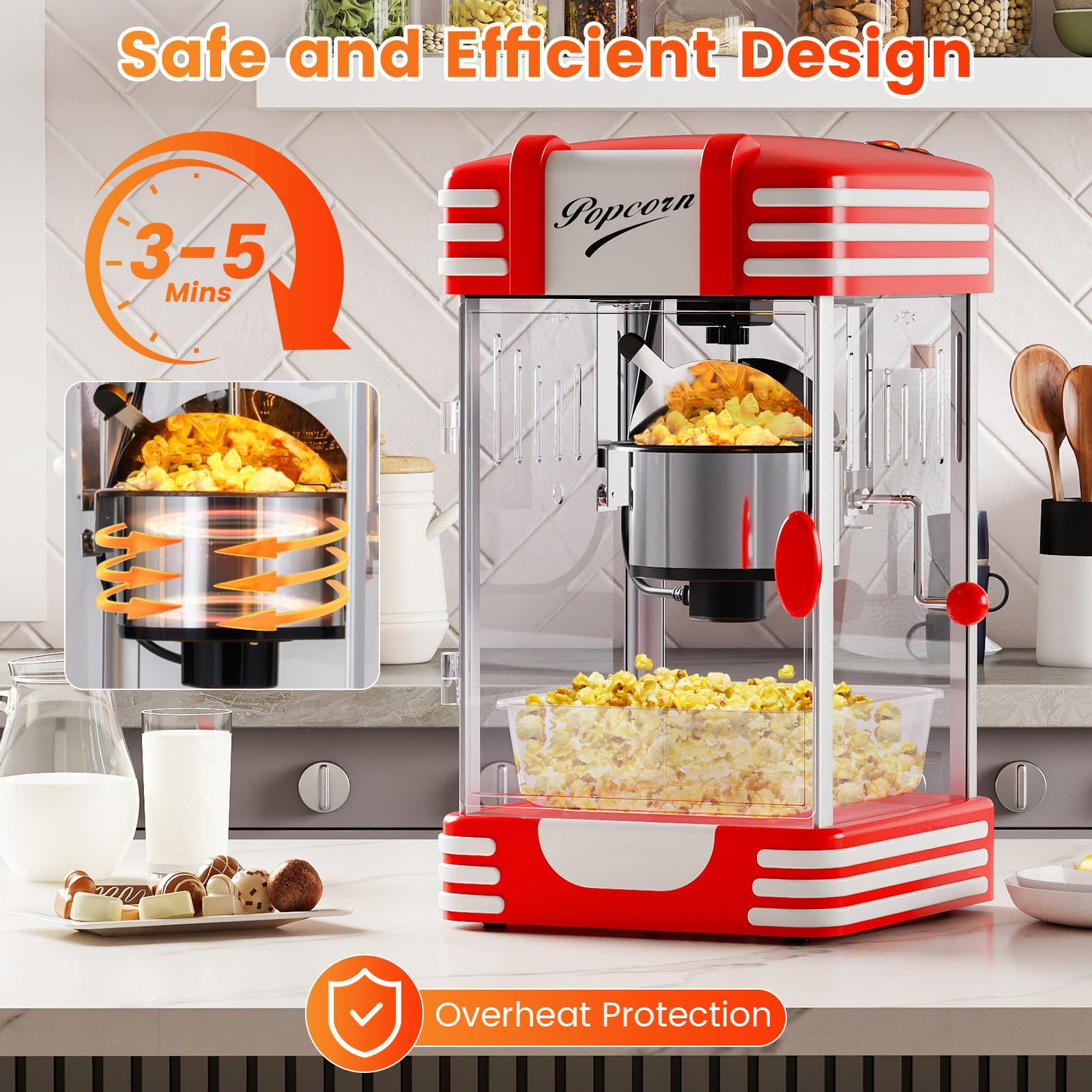 LIFEZEAL Macchina Popcorn 1200W, Riscaldamento e Mantenimento Caldo, Macchinetta Pop Corn Elettrica con 2 Misurino, Contenitore in Acciaio Inossidabile e Vassoio Rimovibile, Condimento Personalizzato