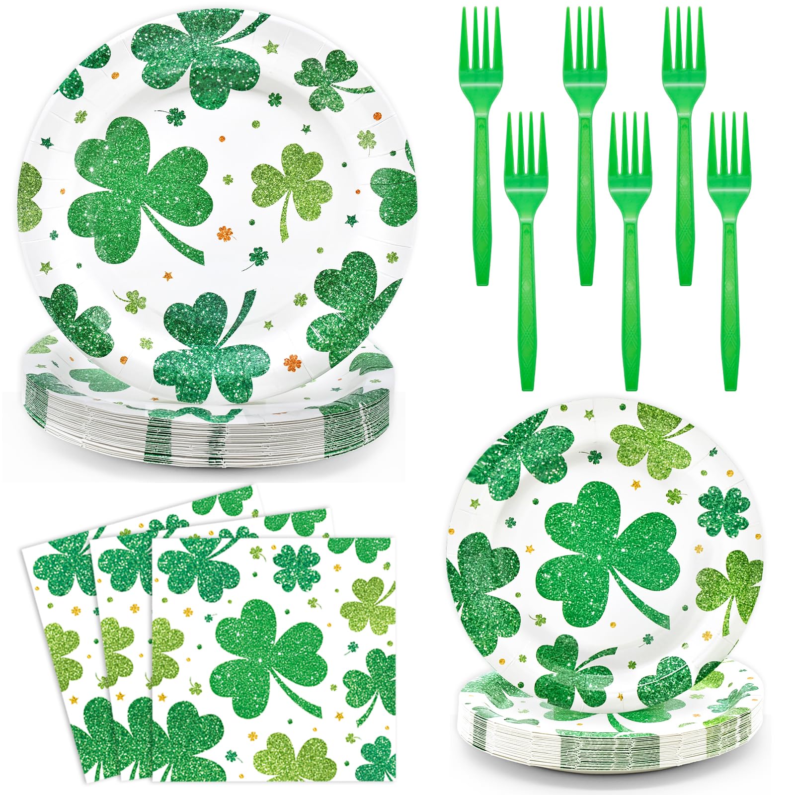 96 Pieces St. Patrick's Day Shamrock Plates and Napkins Tableware Set, Green Lucky Clover Disposable Dinnerware with Paper Plates, Napkins, and Forks for Irish Party Supplies- Serves 24