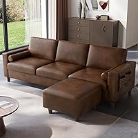Vesgantti 100" PU Faux Leather L-Shaped Sectional Sofa with Movable Ottoman, 3-Seater Modular Couch, Mid-Century Modern, Cocoa