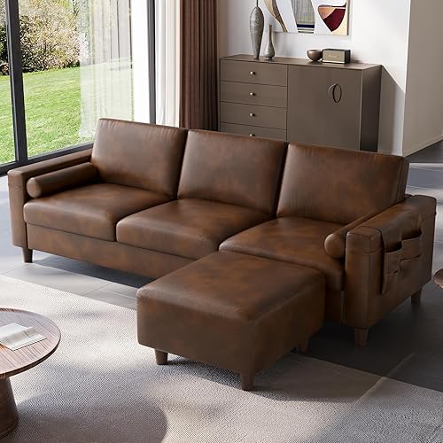 Vesgantti 100" PU Faux Leather Sofa with Movable Ottoman, 3