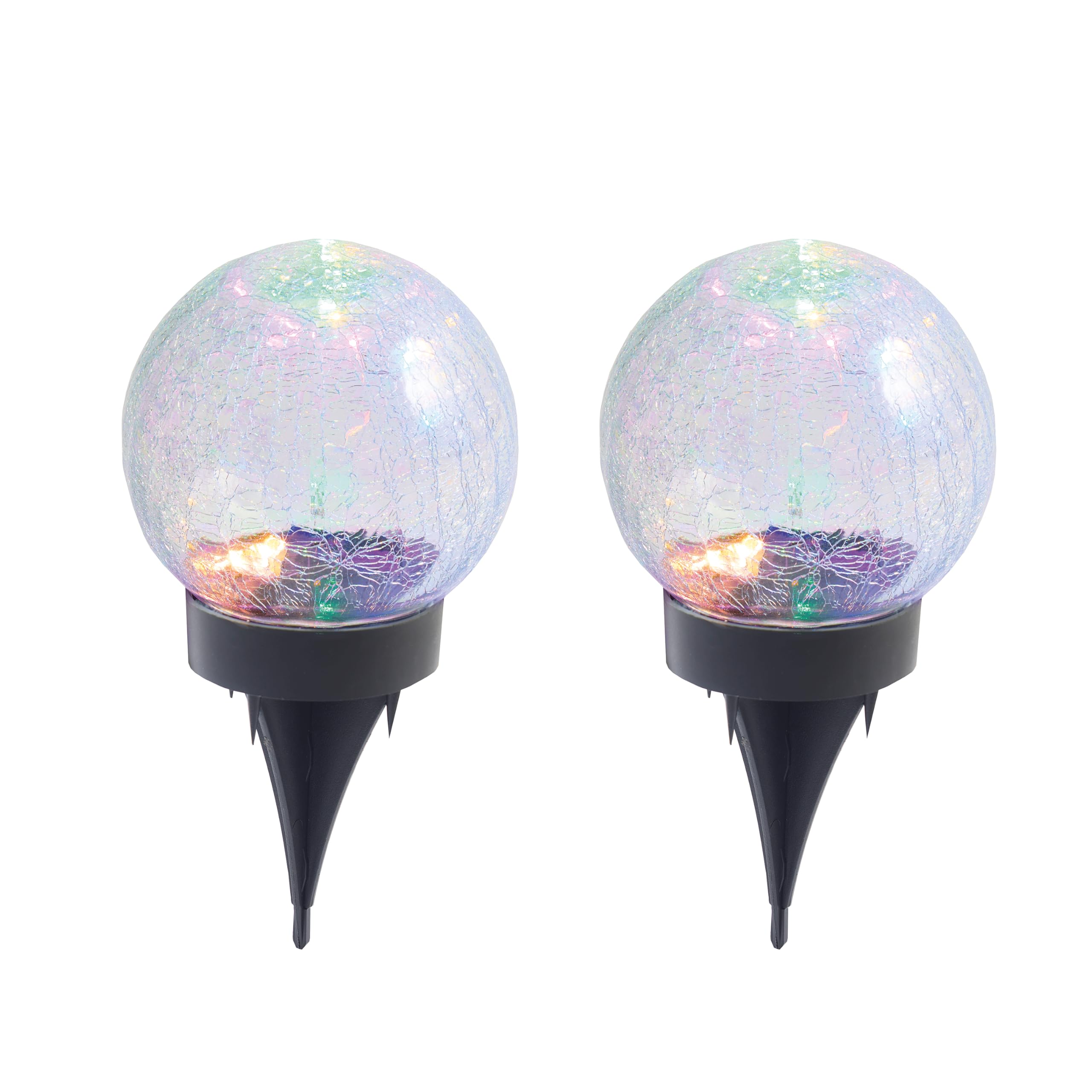 Coopers of Stortford - Set of 2 Solar Sphere Stake Lights - Crackle Glass Globes with Colour Changing LEDs - 2-in-1 Base for Ground or Tabletop Display