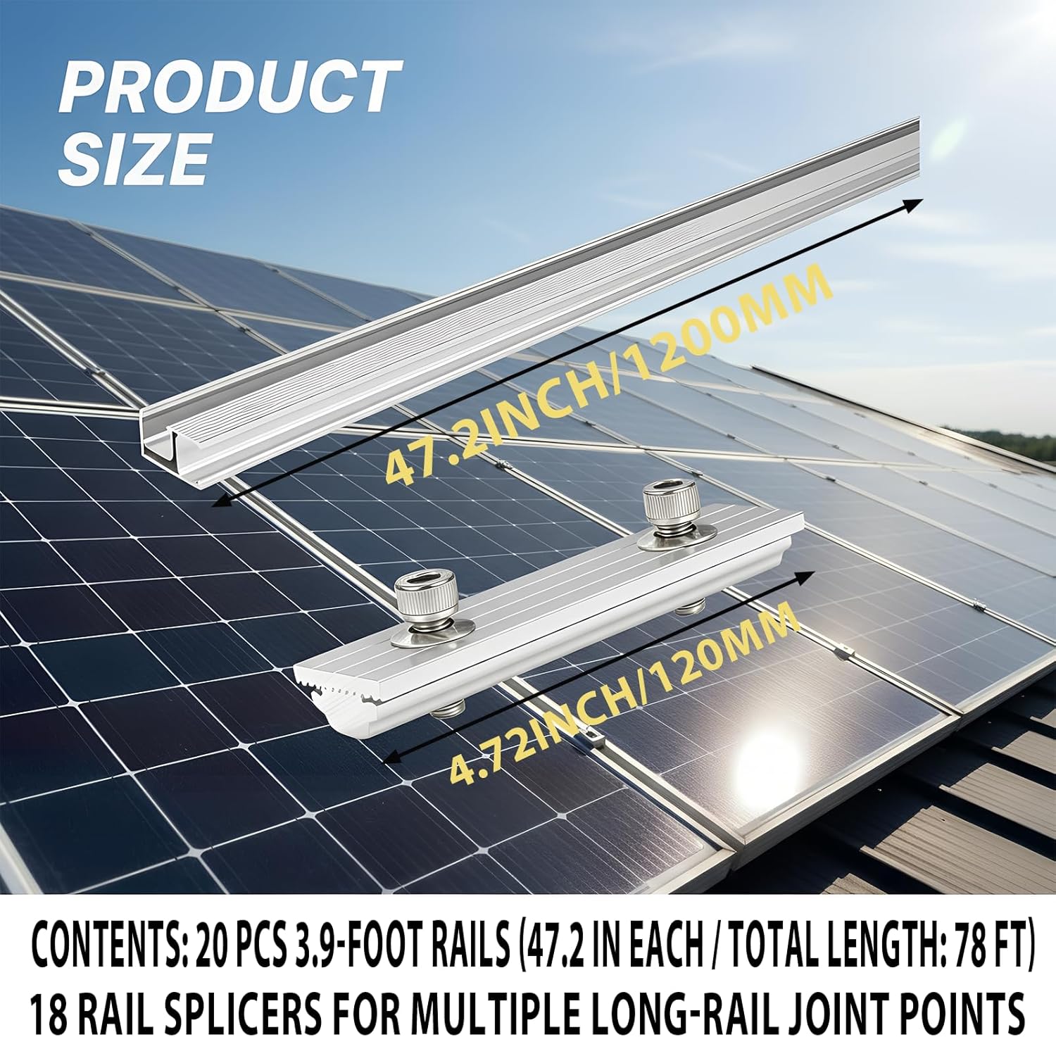 Solar Panel Mounting Rail Kit for 13 x 320W Panels, Includes 20 x 47.2 Aluminum Rails, Adjustable Clamps, L-Brackets & Wire Management, Heavy Duty System for Metal, Tile, Shingle Roof Fits 13 x 320W Panels (20 x 47.2inch Rails)