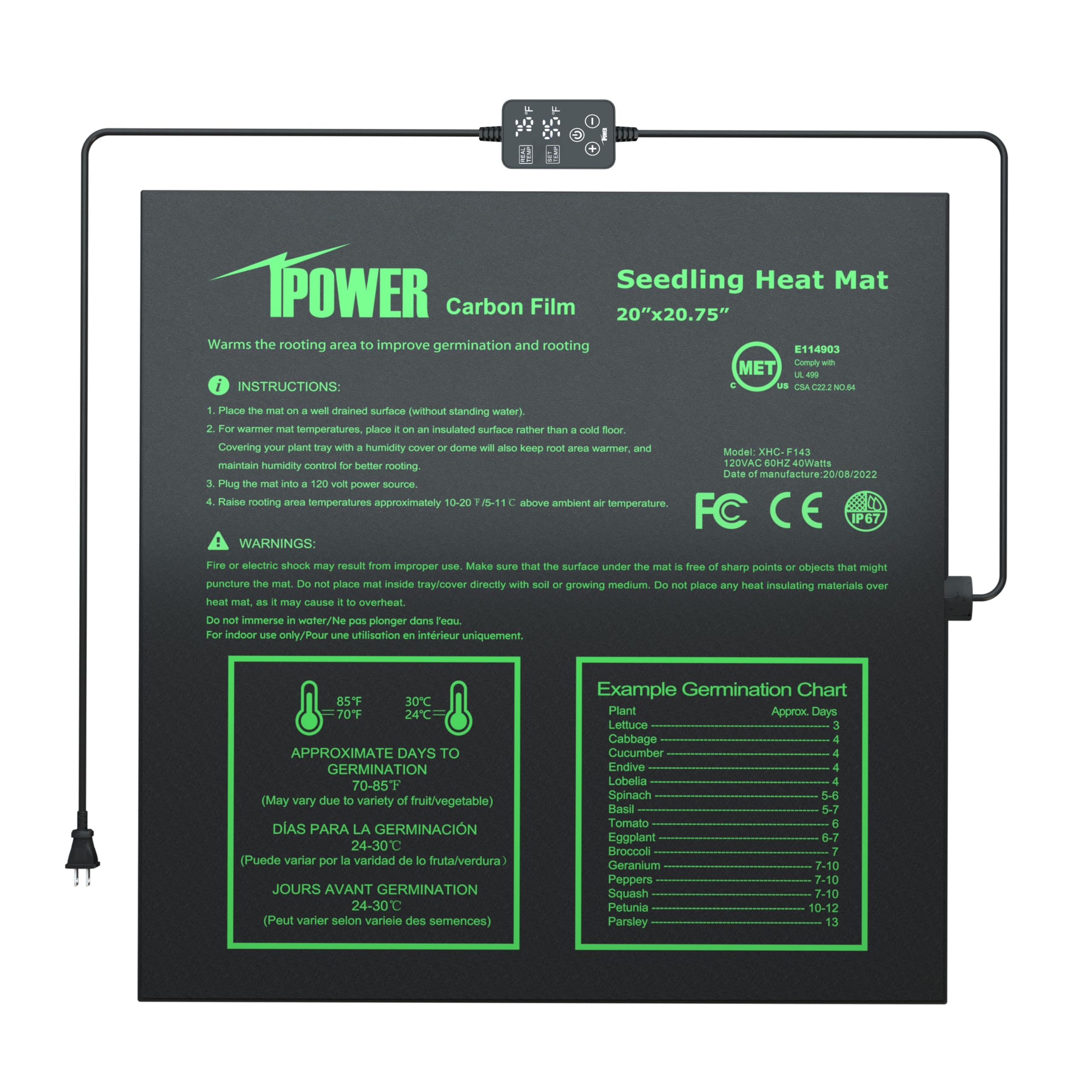 iPower Seedling Heat Mat for Plants with Dual Digital Temperature Controller, MET Certified Heating Pad, 20