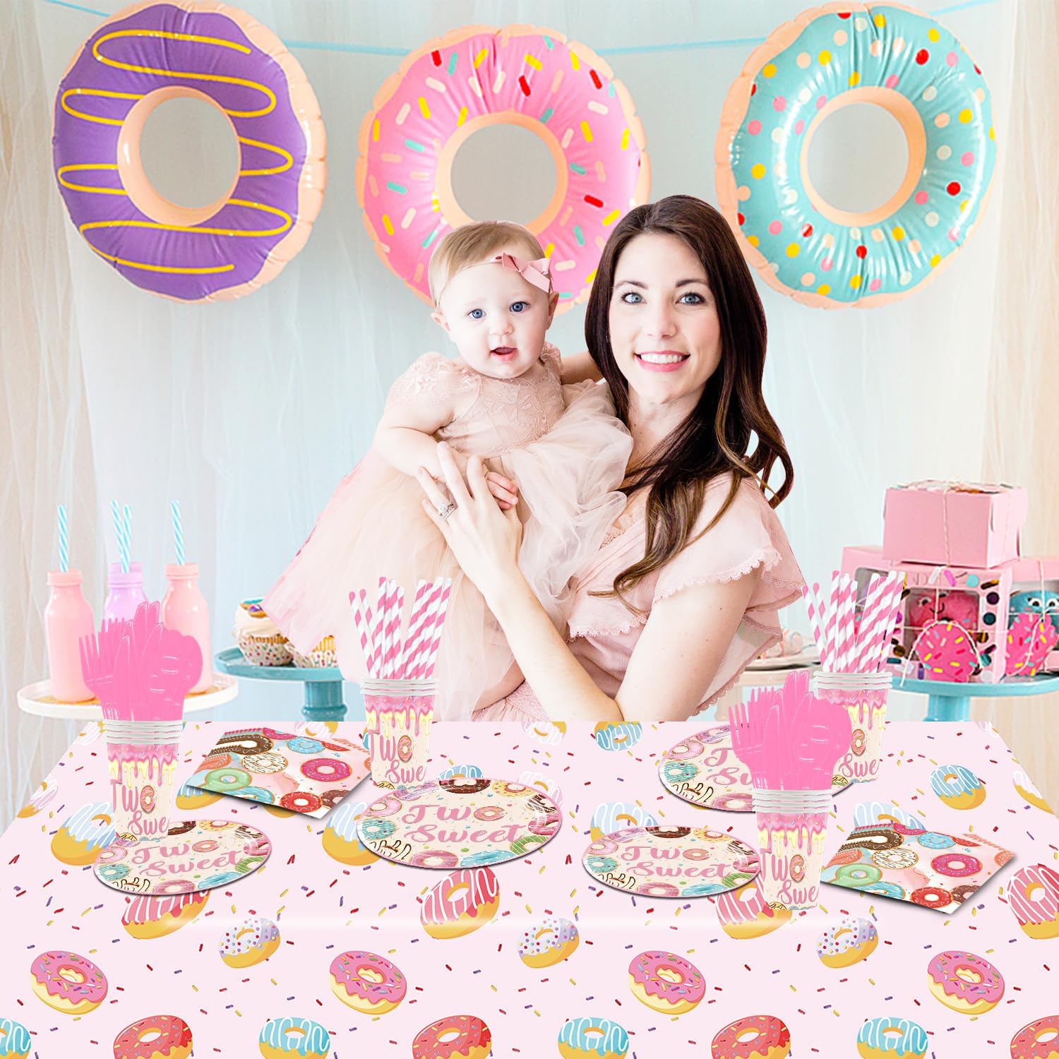 Two Sweet Birthday Party Supplies for 2 Year Old Girl, 202 Pcs Donut Party Decorations for Girls Baby - Table Cover, Plates, Cups, Napkins, Utensils, Serves 25 Guests