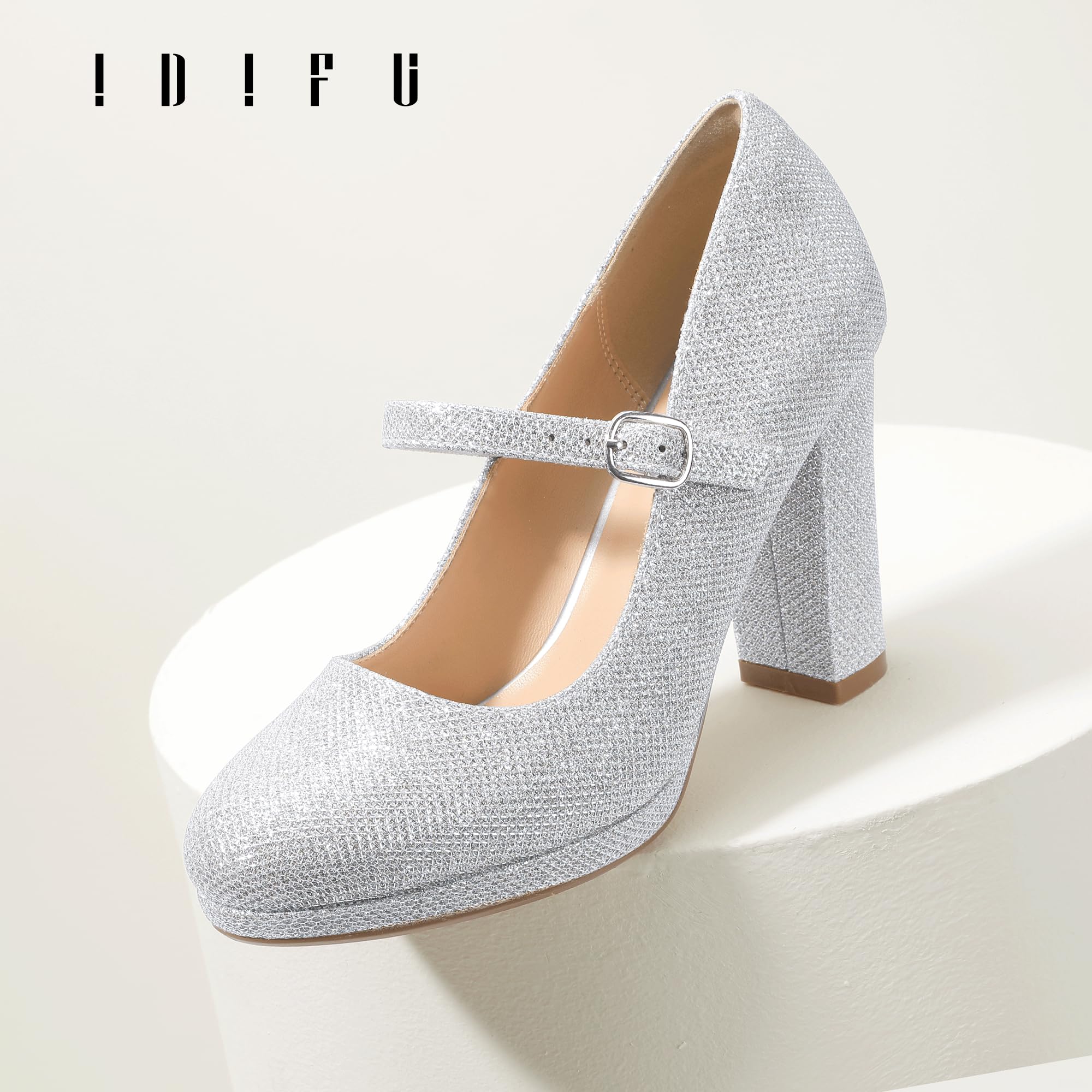 IDIFU IN4 Mary Jane Shoes Closed Toe Heels Platform High Chunky Block Heels Women's Pumps Comfortable Dress Shoes for Women Wedding Bridal Work Fashion Round Toe Pumps Shoes: 7.5 Silver Glitter