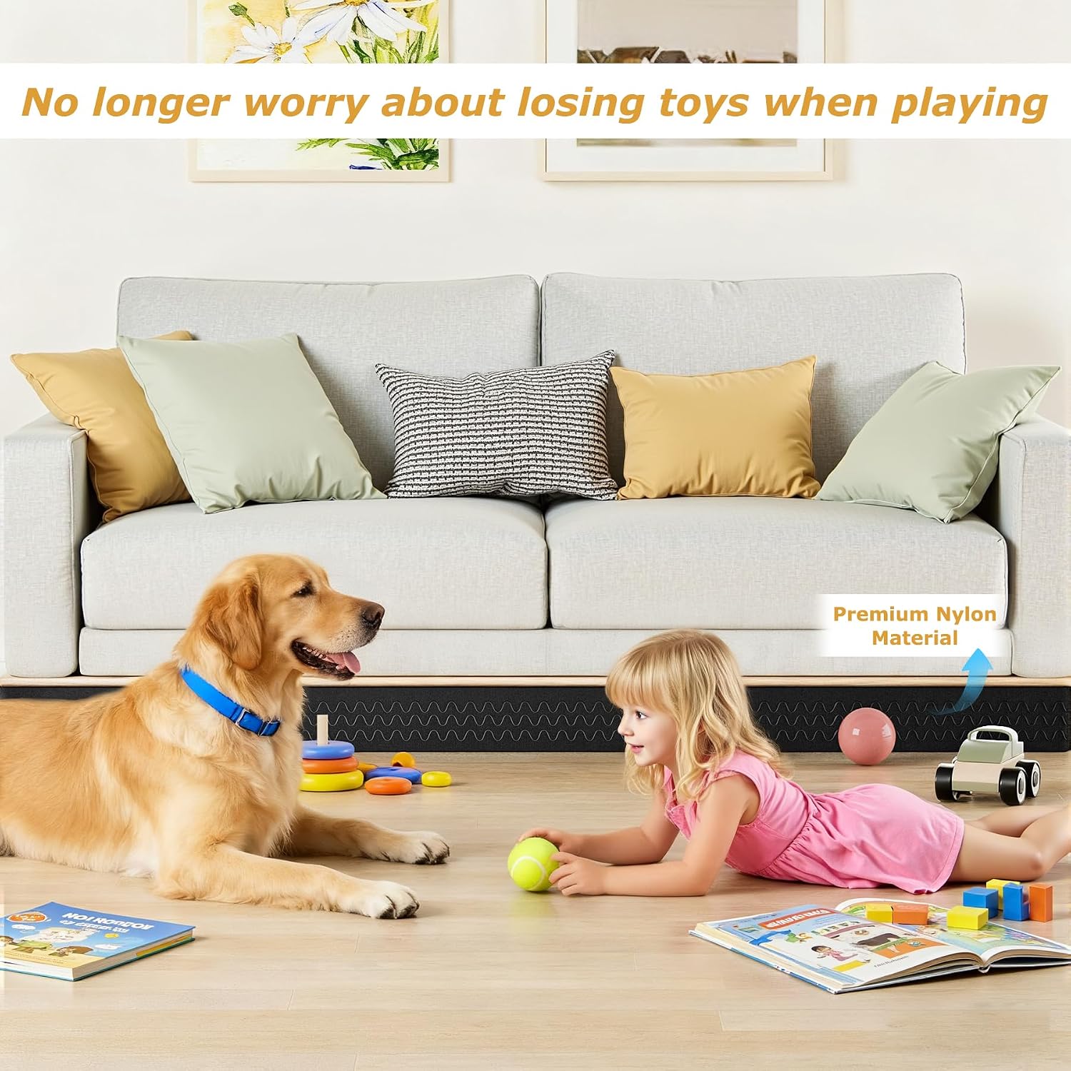 Under Couch Blocker 5 in x 13 ft, Adjustable Elastic Sofa Blocker to Prevent Kids and Pets Toys, Strap Barrier Gap Bumper Couch Guards for Bottom Standard Sofa, Bed, Furniture with Straight Legs