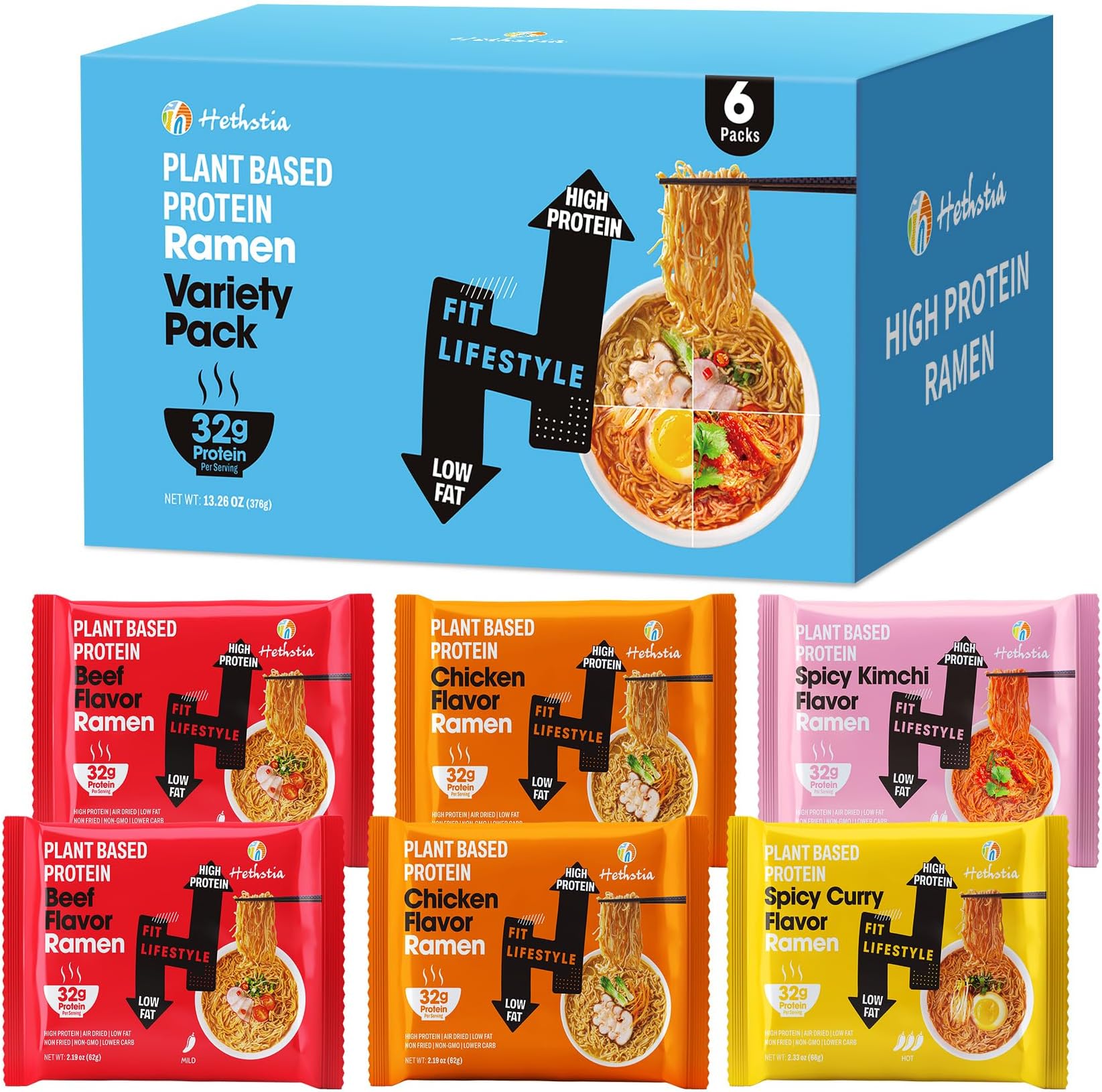Hethstia High-Protein Ramen Variety Pack (Chicken, Beef, Spicy Kimchi, Spicy Curry), 6-Pack Instant Ramen Noodle Soup, 32g Plant-Based Protein, Vegan, Non-GMO, Low Fat, Pre-Packaged Quick Meal