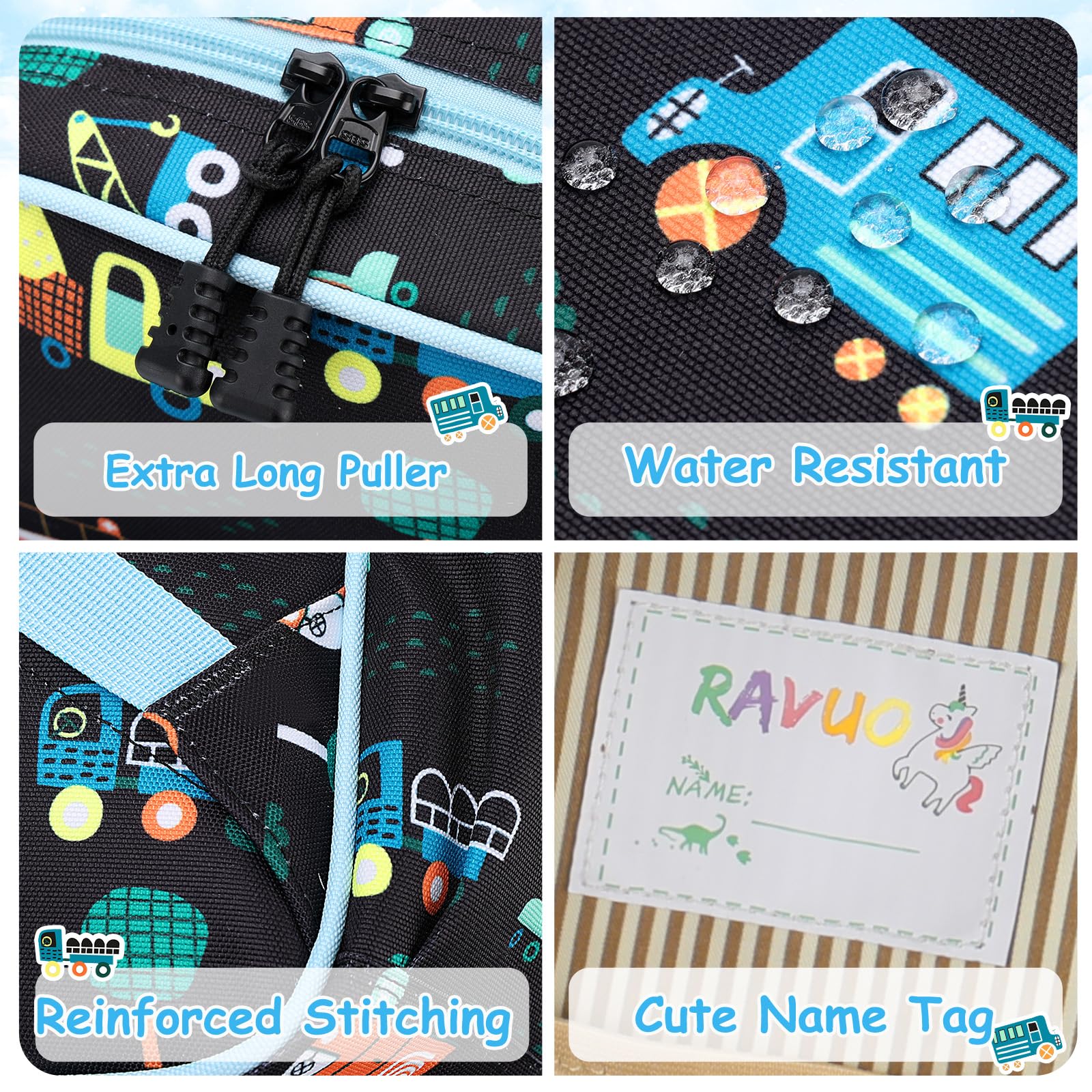 RAVUO Zainetto Bambino, Leggero e Impermeabile per Scuola Elementare, Asilo, Prescolare - Carino per Bambina, Bimbo, Ragazzo - Auto Nera 2-8 Anni