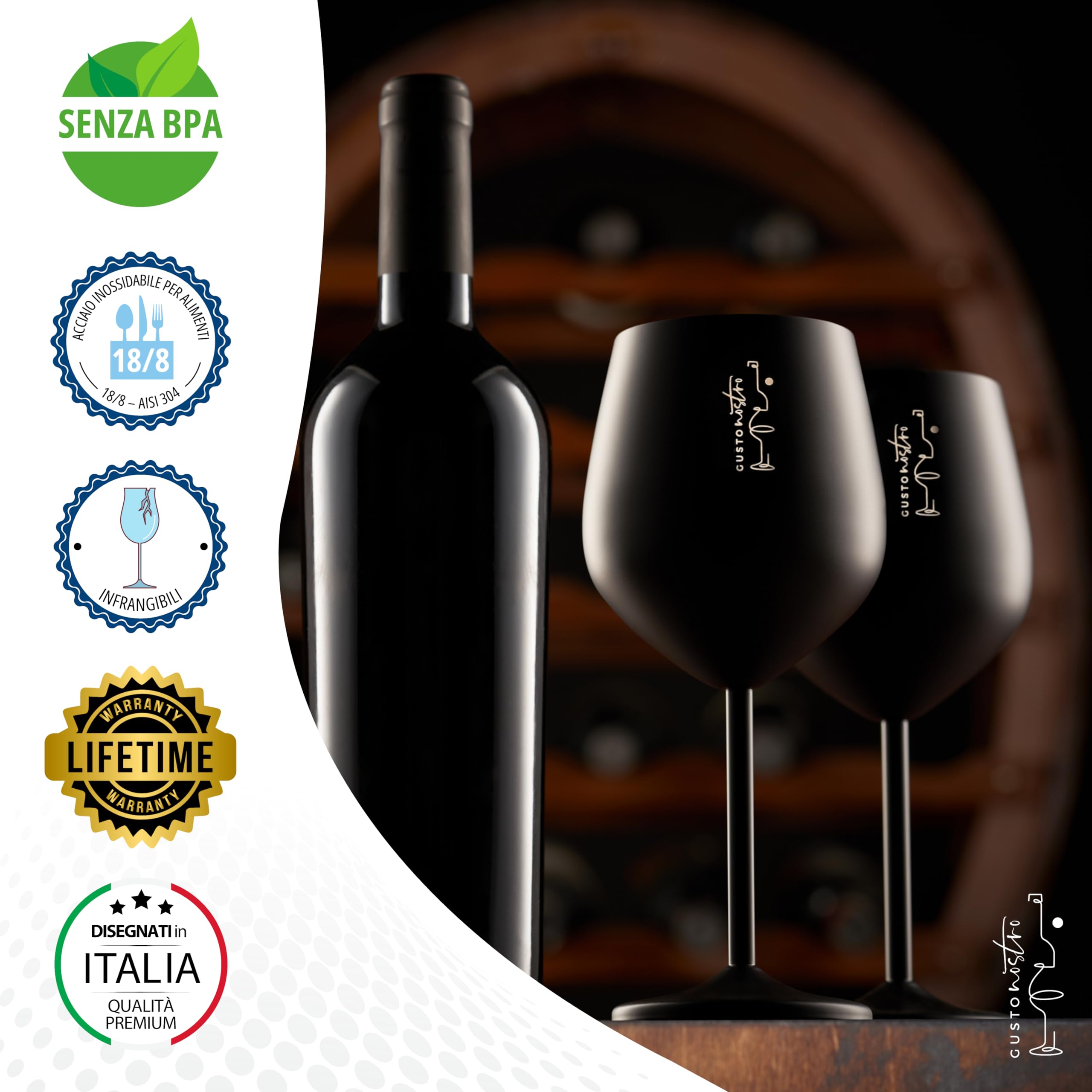 Gusto Nostro calici da vino in acciaio inox - 540 ml - neri i Infrangibili, da viaggio,per camping e piscina - Bicchieri da vino in metallo eleganti per eventi all’aperto,Set da 4