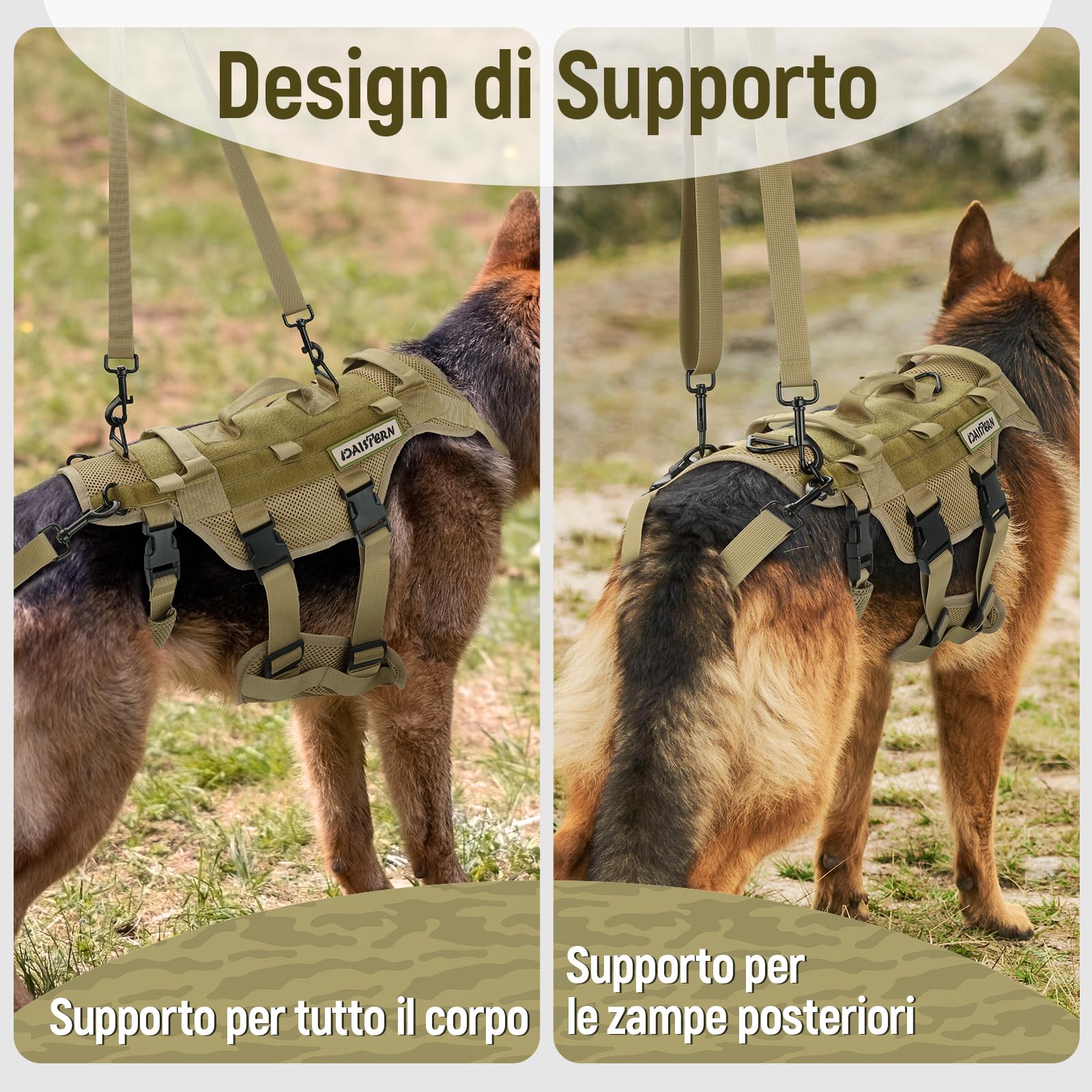 DAISTERN Pettorina Tattica Cane Imbracatura per Cani Taglia Media Grande di Supporto e Sollevamento con 1000D Nylon Sandwich Mesh, 3 Maniglie&Cinghie Supporto e Gambe Posteriori Rimovibili Regolabili