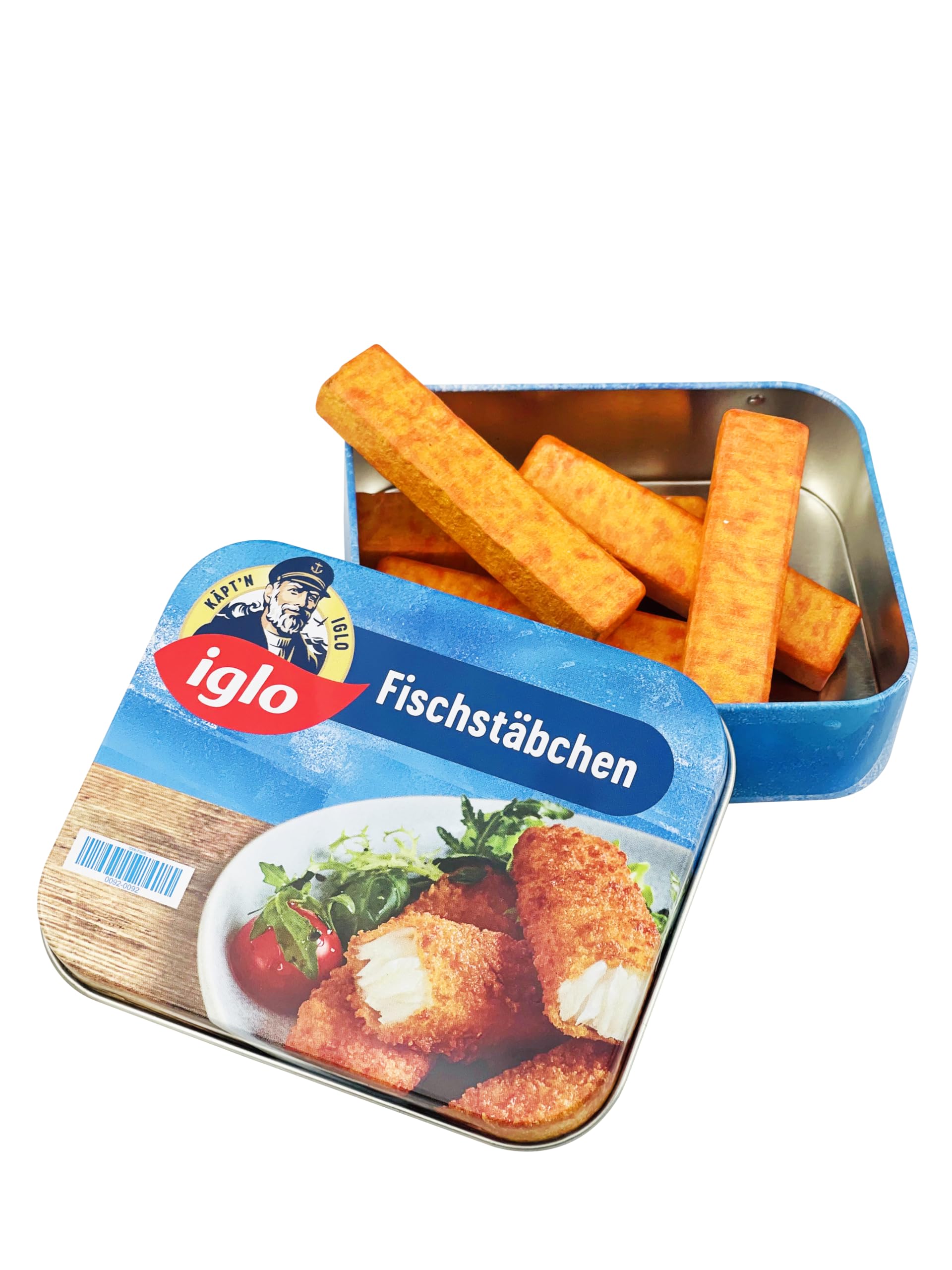 tanner DER KLEINE KAUFMANN TANNER Deco - Iglo Fischstäbchen in Metalldose, Zubehör für Kaufmannsladen, lebensmittelechtes Design, 0969.9