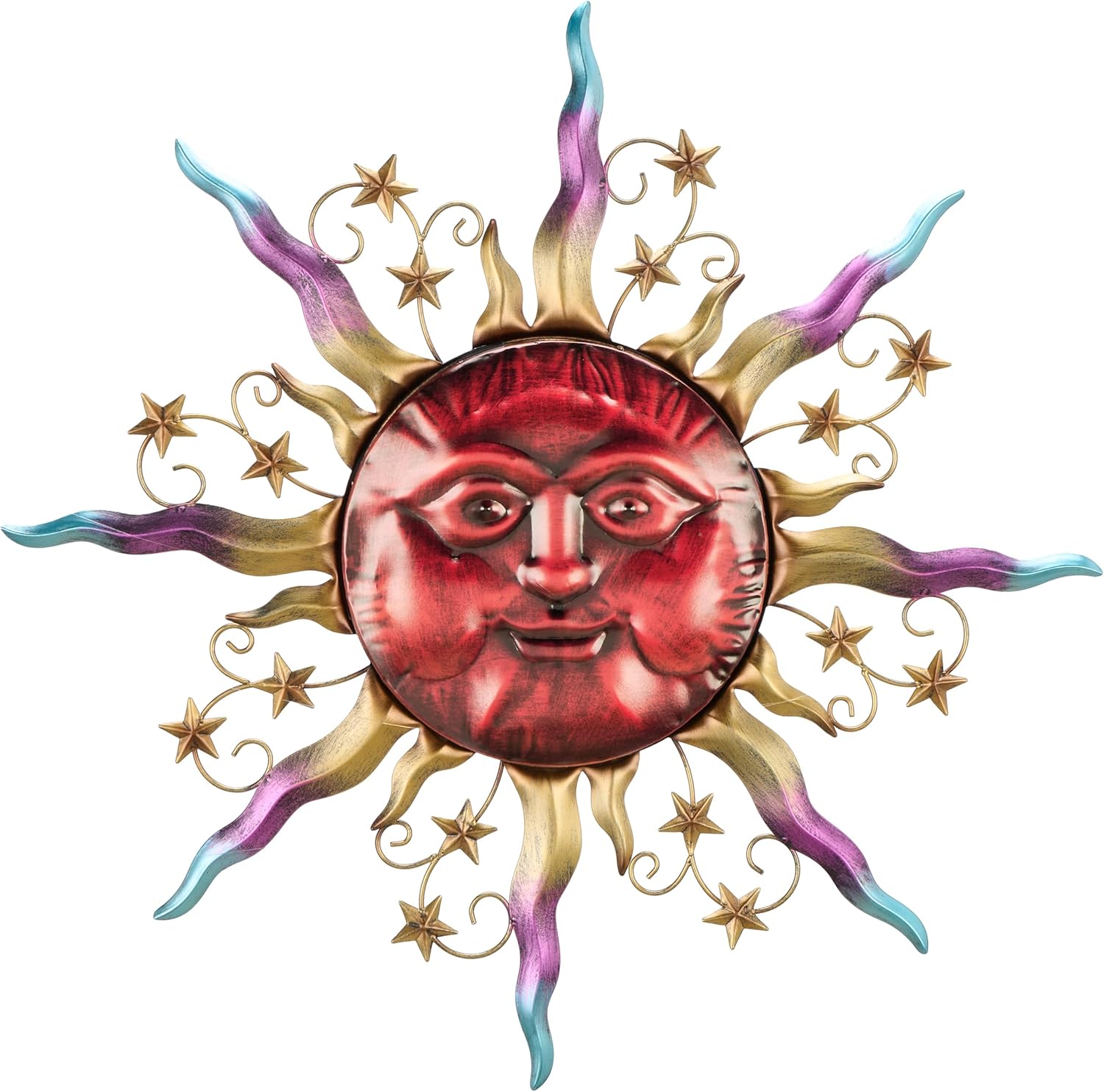TERESA'S COLLECTIONS Outdoor Sun Metal Wall Art for Outdoor Decor,25" Red Sun Face 3D Wall Decor for Garden Decor,Rustic Retro Hanging Sculpture for Outside indoor Home Patio Farmhouse Gifts for Mom