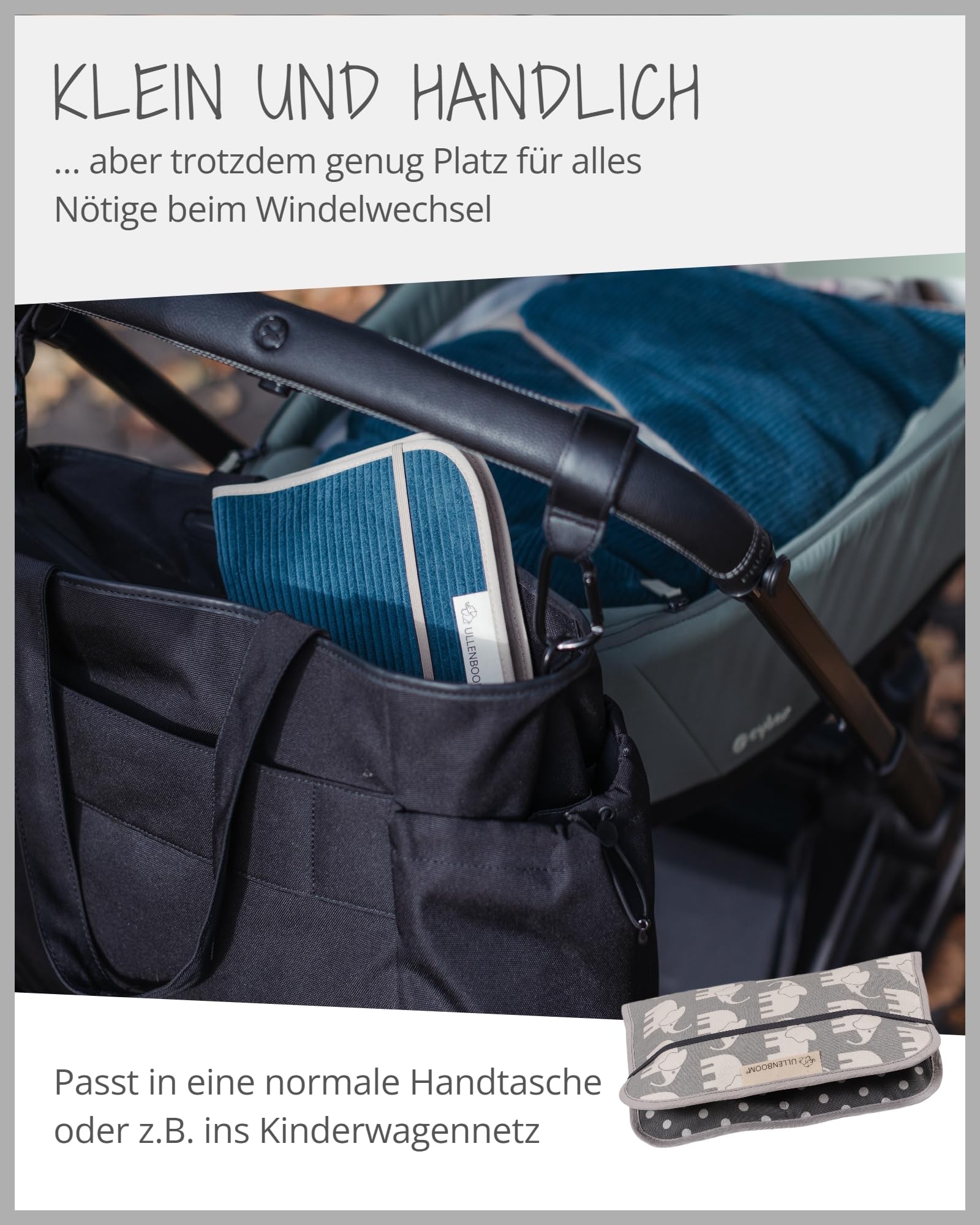 ULLENBOOM ® Sac à couches Eléphant gris (Made in EU) - Sac à langer pour jusqu'à 3 couches, lingettes & accessoires, pochette couches avec zip & élastique, petit & discret