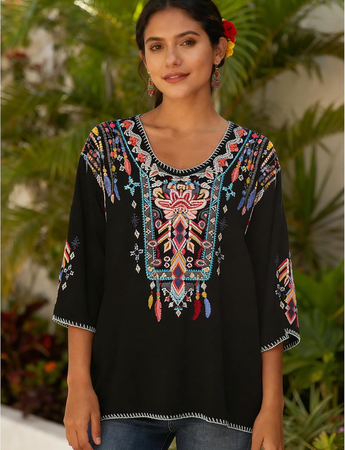 Higustar Mexican Embroidered Tops for Women Traditional Boho Tunics Bohemian Shirts Plus Size Peasant Clothes Blouses - Image 2