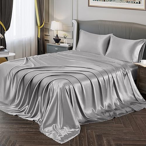 Miniatura 10 de Dainty Homes Seda satinada suave de tamaño Queen (juego de ropa de cama de 5 piezas, muchos más colores), seda satinada gris, edredón, juego de