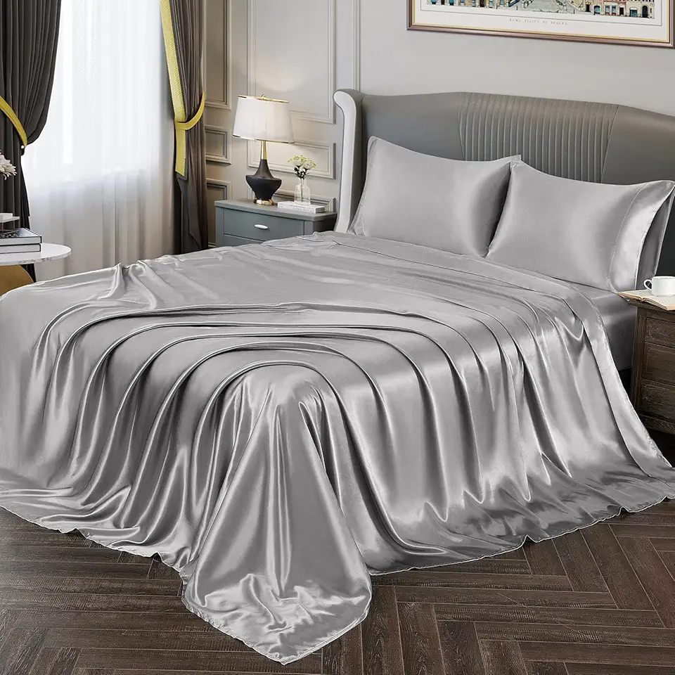 Vonty Satin Bed Sheet Set King (180cm x 200cm) Silver Grey 1 Deep Pocket Fitted Sheet + 1 Flat Sheet + 2 Pillowcases