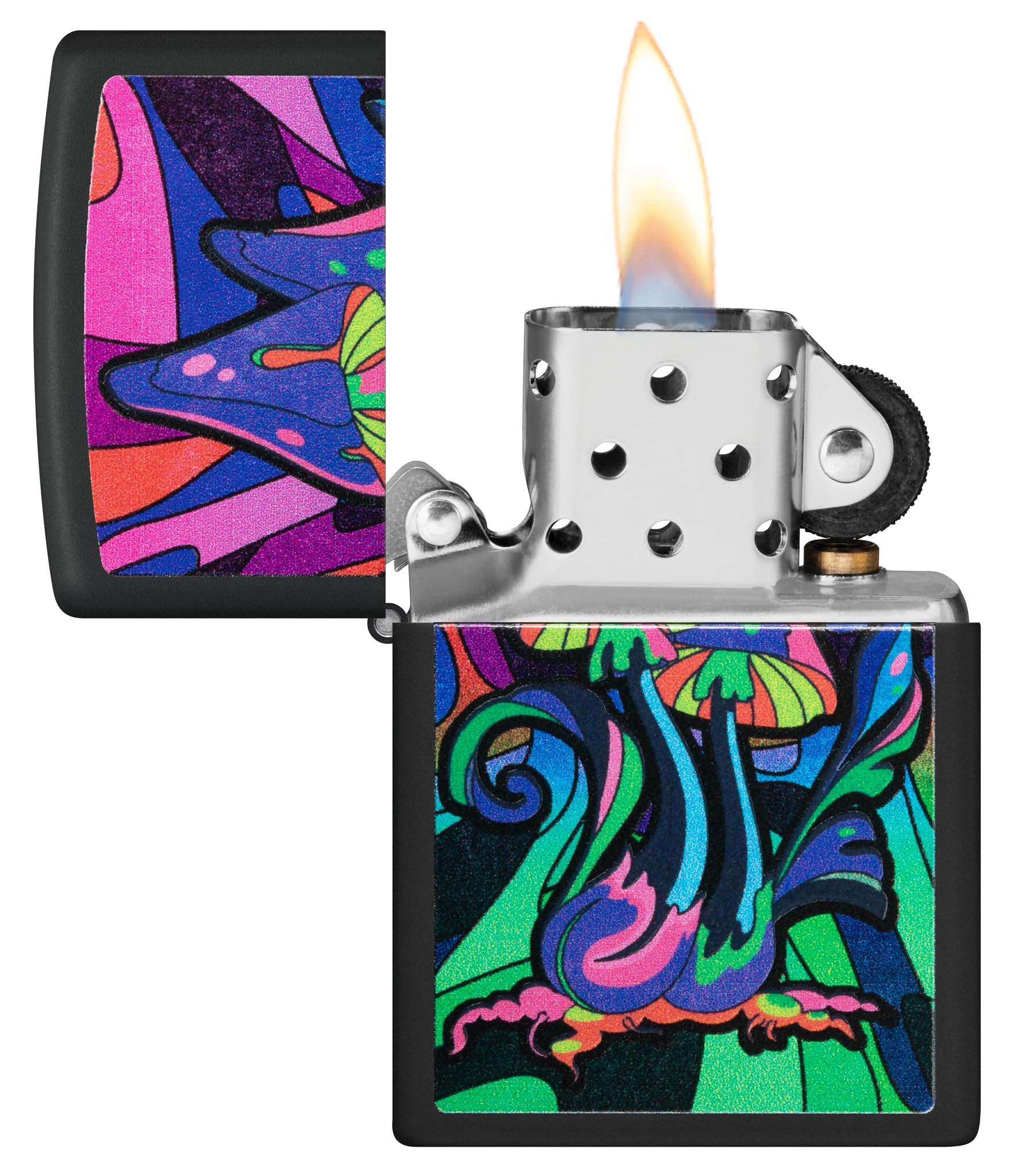 Zippo - Briquet Tempête Motif Champignons Psychédéliques Et Galaxie/Contre-Culture, Noir Mat, Lumière Noire, Rechargeable, Réutilisable, Coupe-Vent, Coffret Cadeau, Fabriqué Aux États-Unis