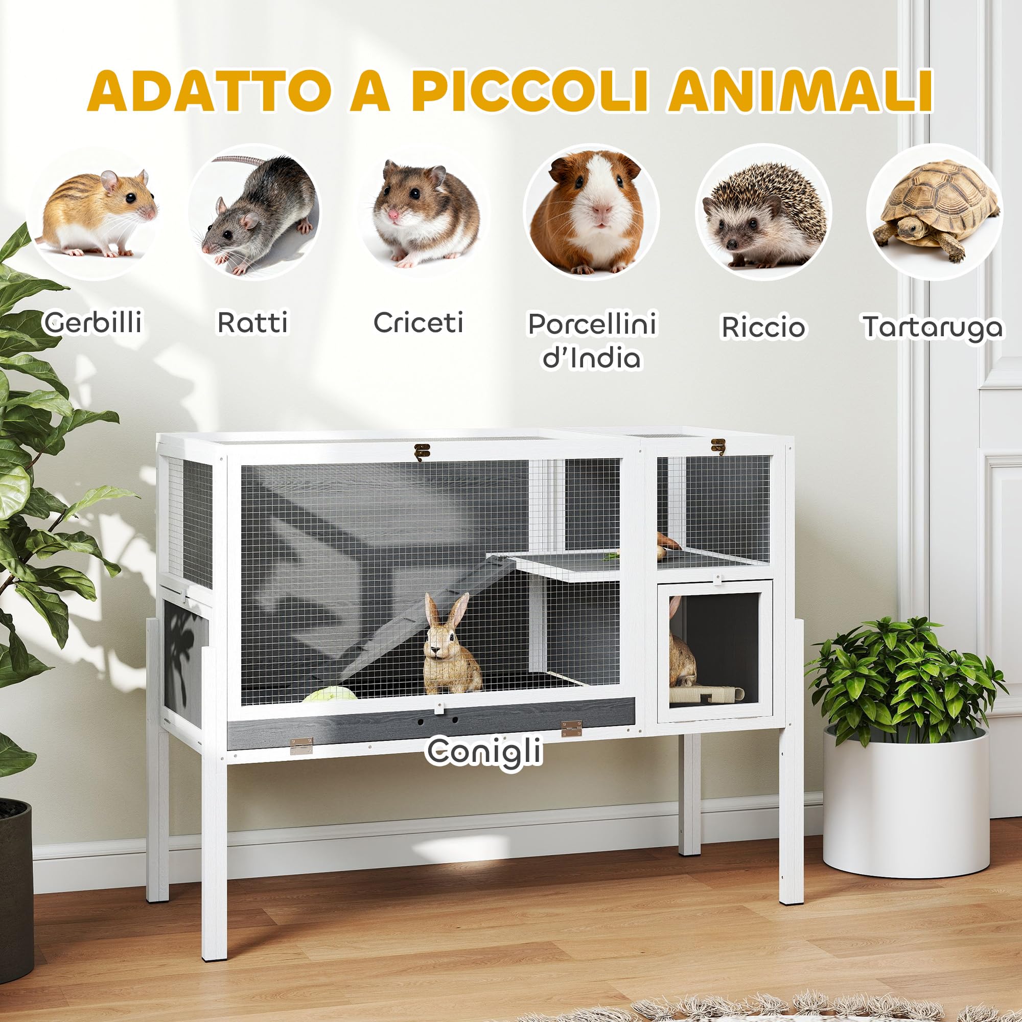 PawHut Gabbia per Conigli da Interno Convertibile, Conigliera in Legno Rialzata con Vassoio Estraibile e Tetto Apribile, per Criceti, Criceti Siriani, Gerbilli e Porcellini d'India, Grigio