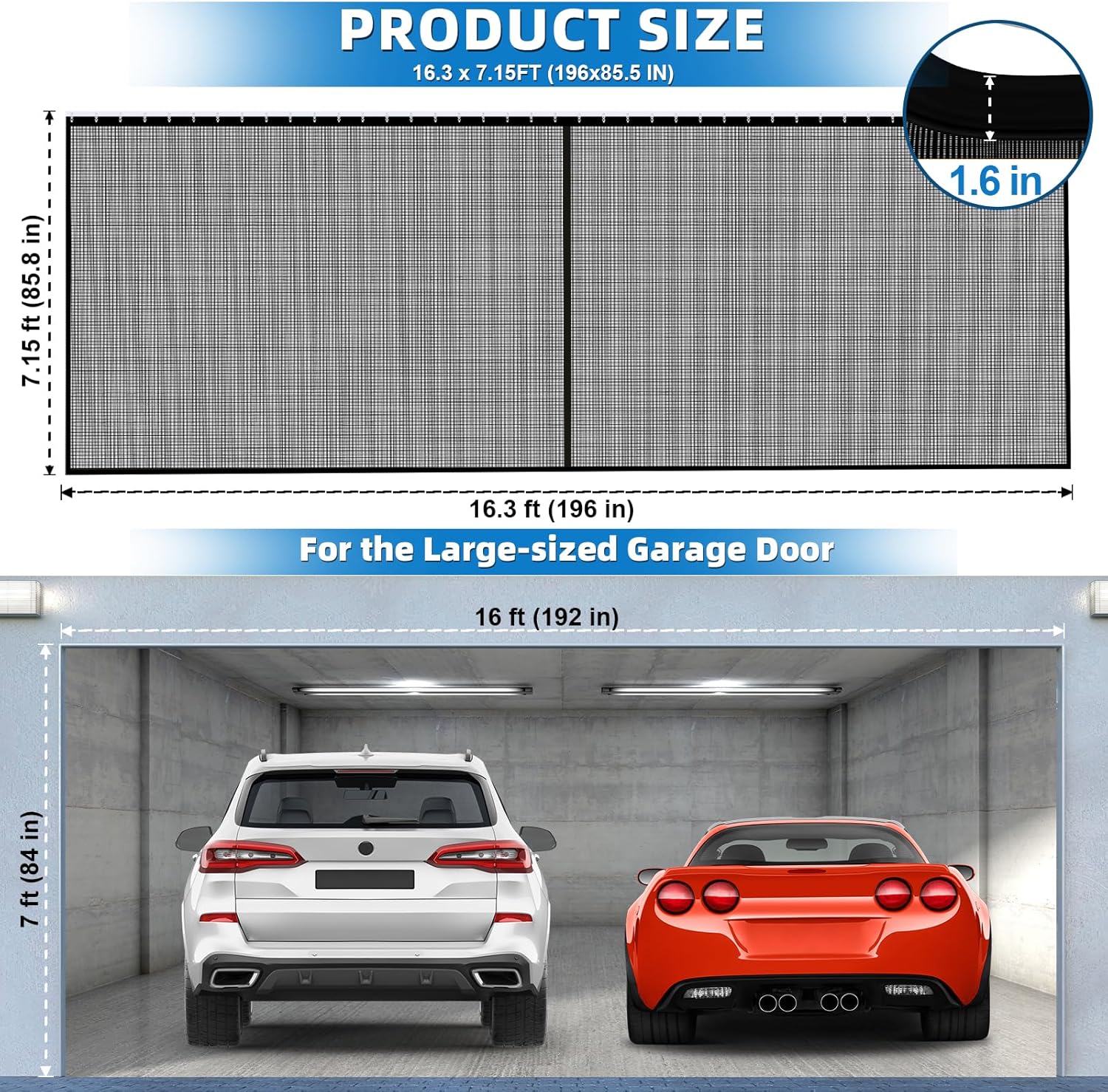 Sliding Garage Door Screen 2 Car with Track Closure,16x7Ft Garage Door Retractable Privacy Curtain Keep Annoying Animals Out Easy Install Heavy Duty Fiberglass Mesh Net for 2 Car Opening Garage