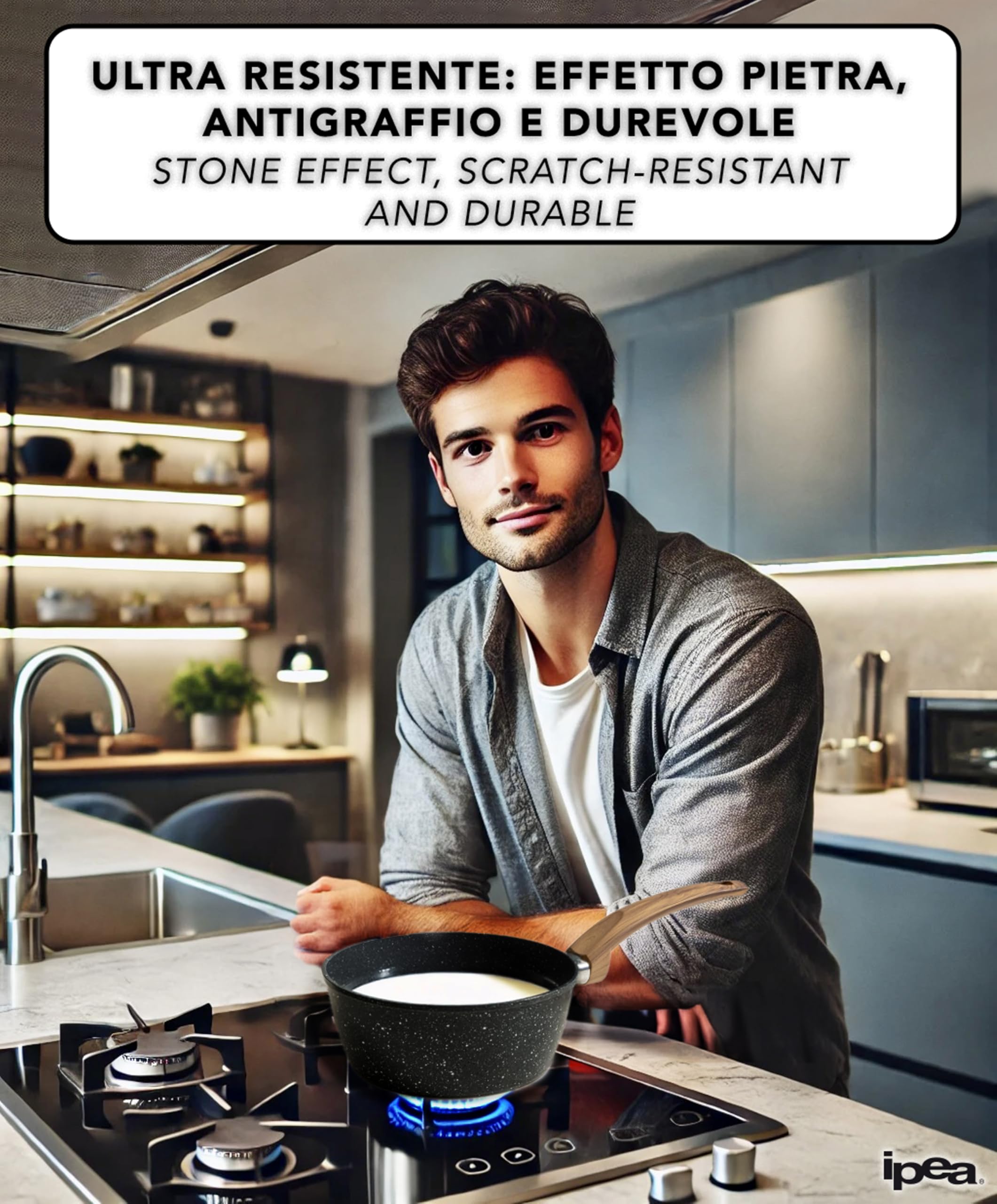 IPEA Pentolino Latte per Induzione Antiaderente - 18 CM - Elegante Pentolino Effetto Pietra - Casseruola per il Latte Piccola per Cucinare e Bollire Minestre, Verdure, Noodles - Bollilatte