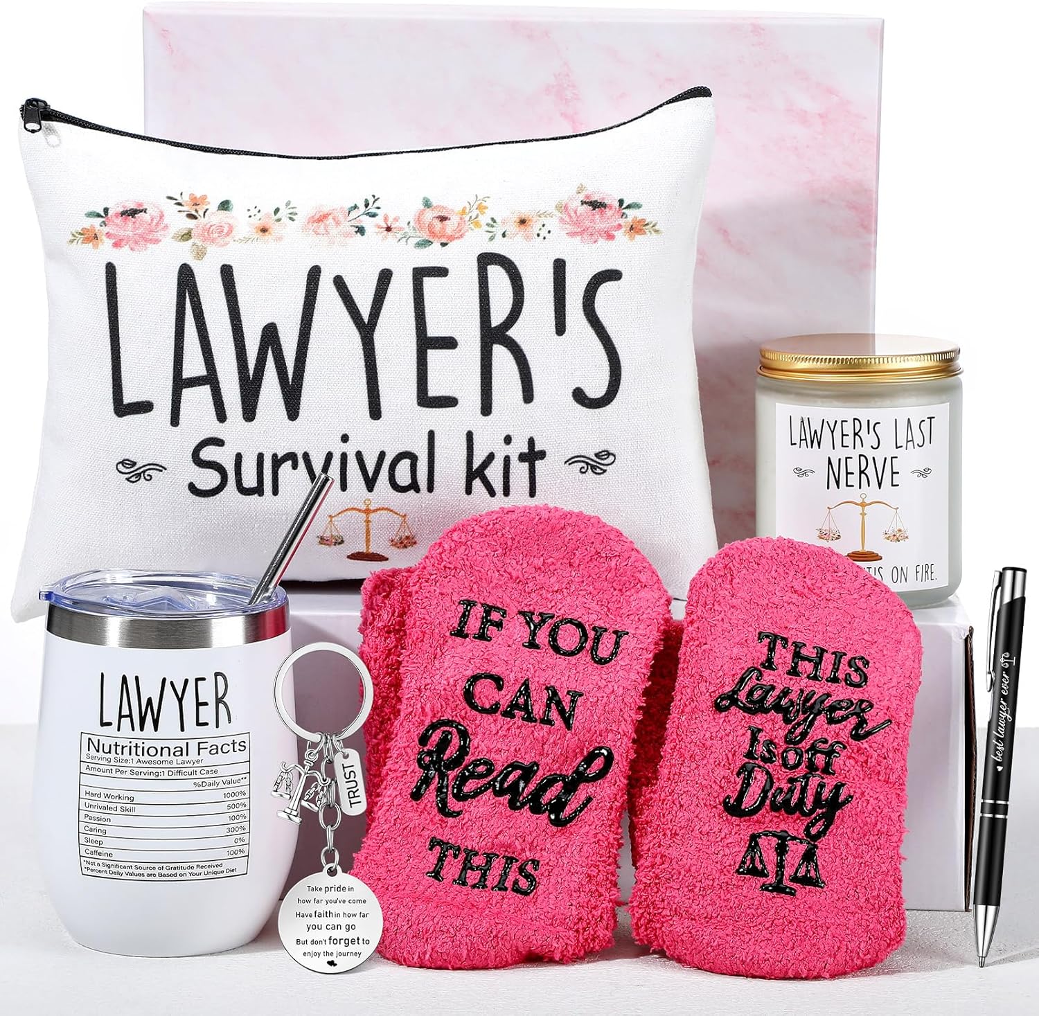 7 Pcs Lawyer Gifts for Women Law School Gift Include 12 oz Stainless Steel Tumbler Sock Keychain Candle Pen Cosmetic Bag Gift Box for Attorney(Classic)