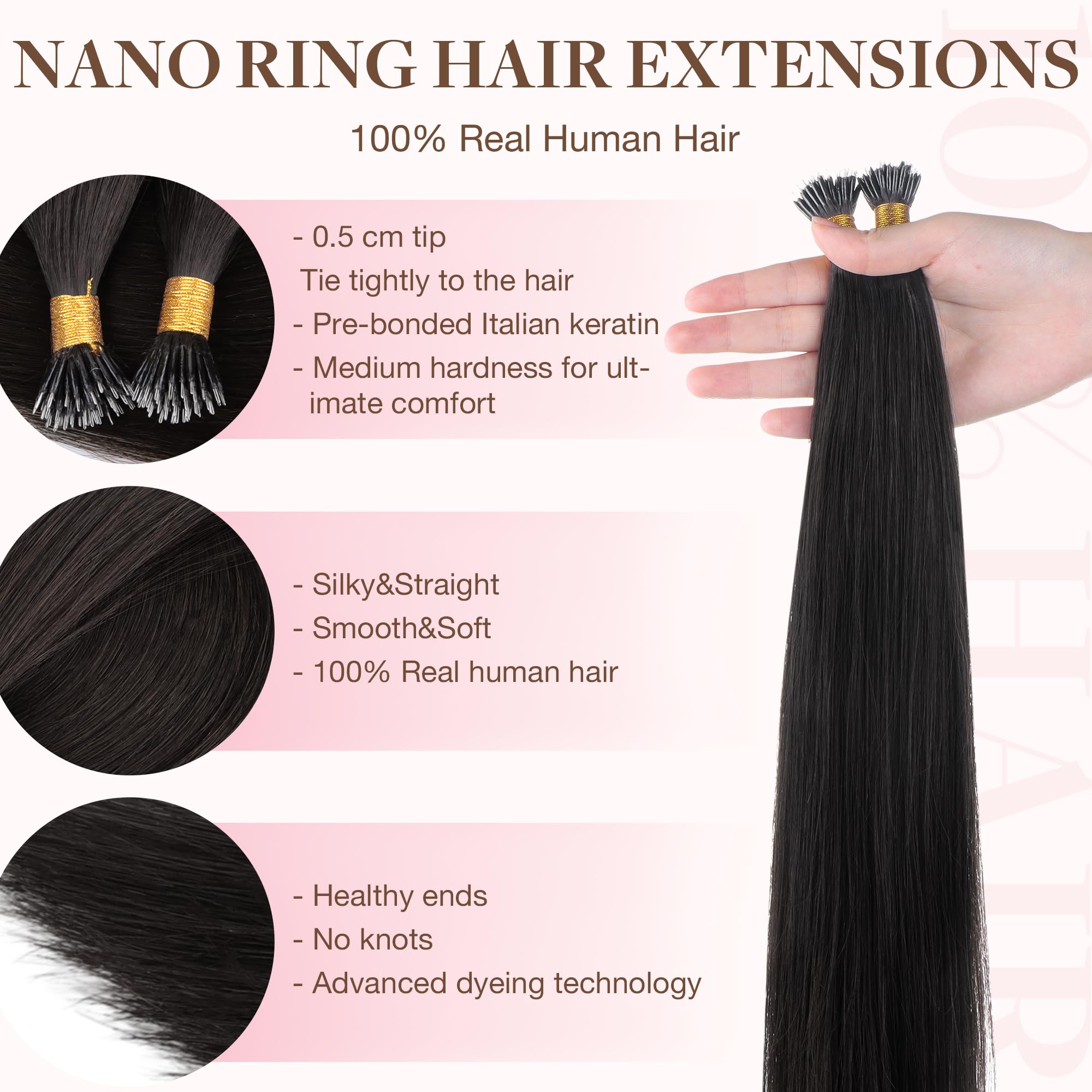 GOO GOO Nano Hair Extensions Real Human Hair, Nano Beads Hair Extensions - Image 2