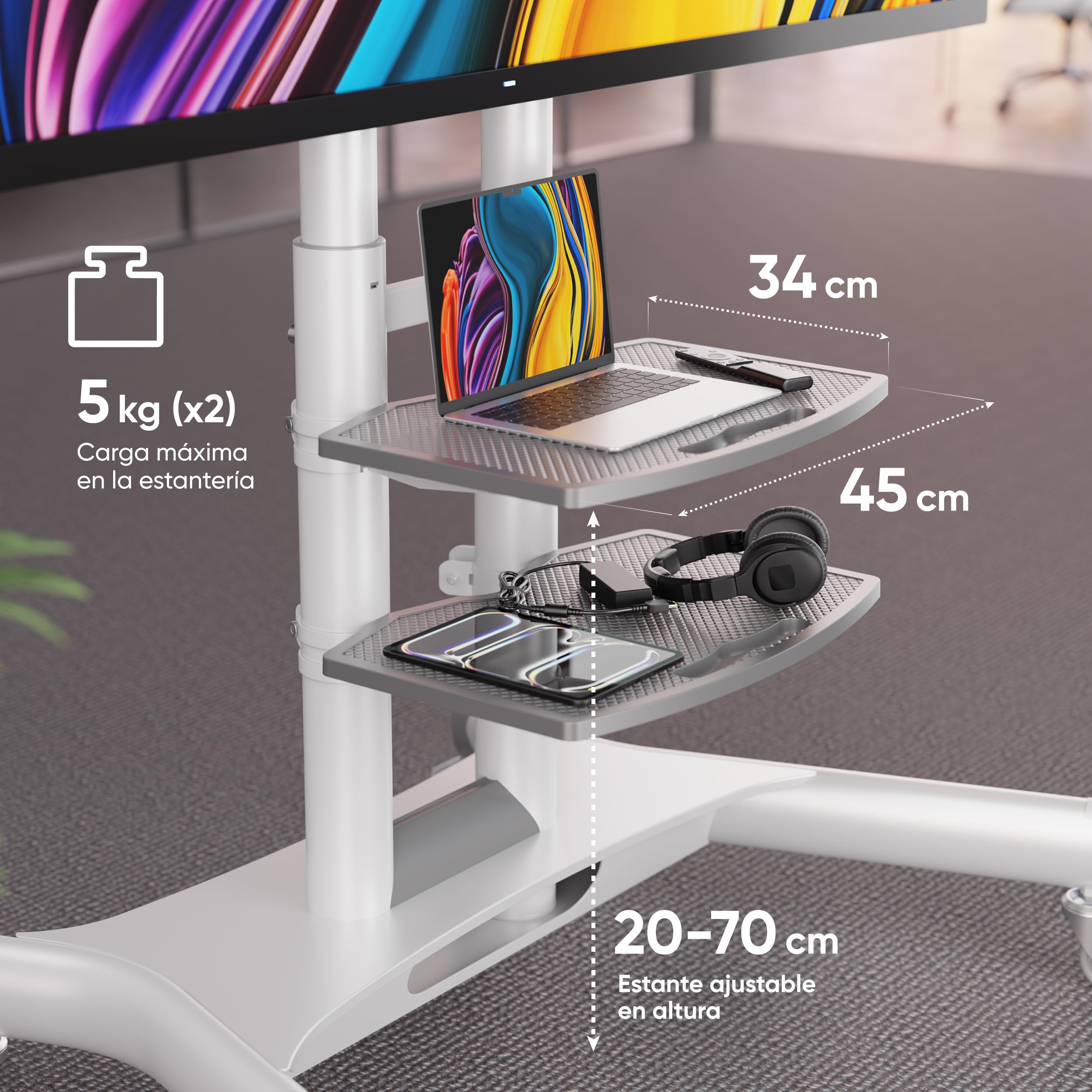 ONKRON Soporte TV Ruedas 40-70 Pulgadas, Carga Total 60.5 kg, VESA 100x100-600x400 mm, Soporte TV Pie Altura Ajustable con 2 Estantes, Pie Television Móvil con Ruedas Bloqueables, Blanco TS1552-W