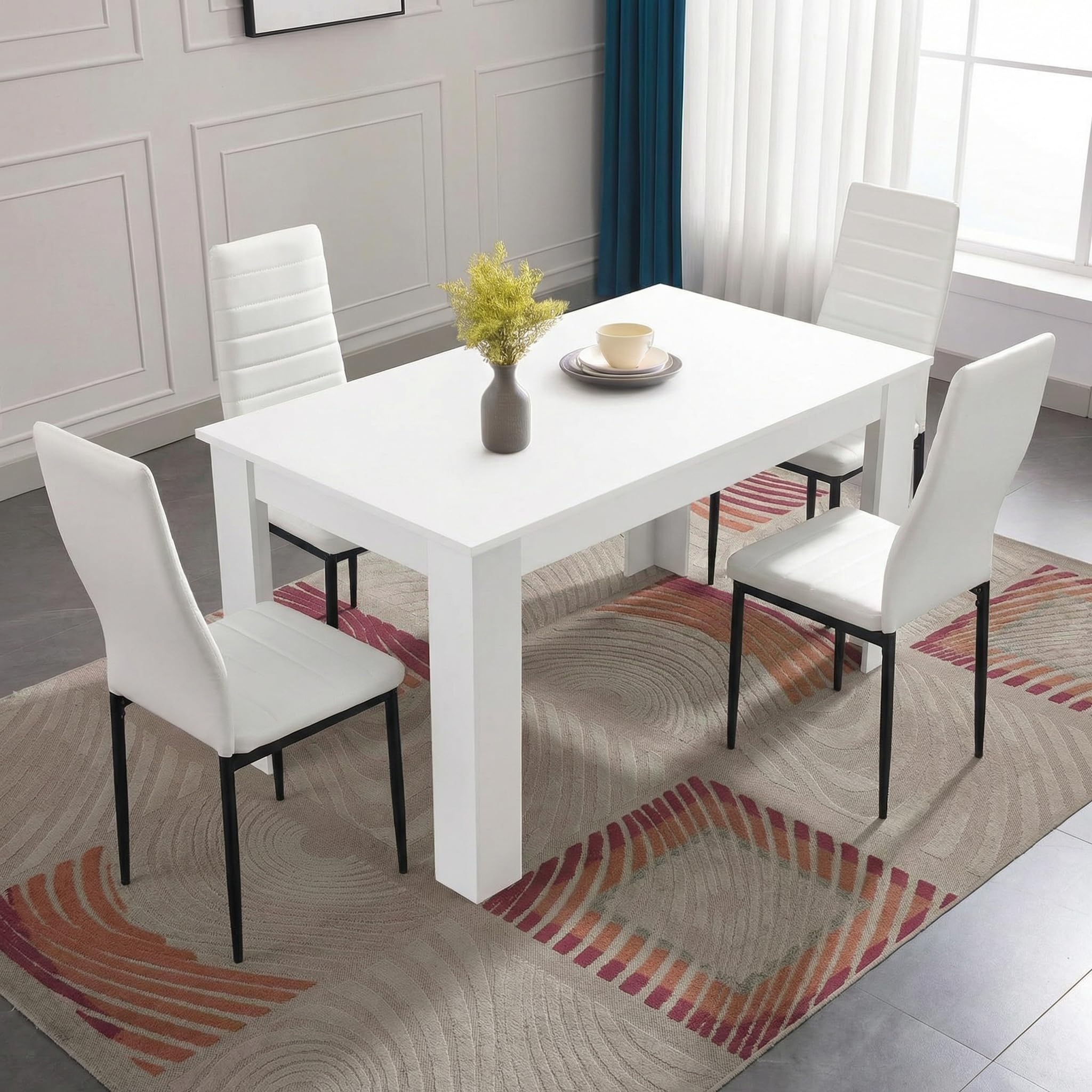 Generic Modern White Dining Set: Dining Table and Chairs Set 4, 120 x 80 x 75 cm, High Back PU Leather Chairs, 18mm Thick Table Top